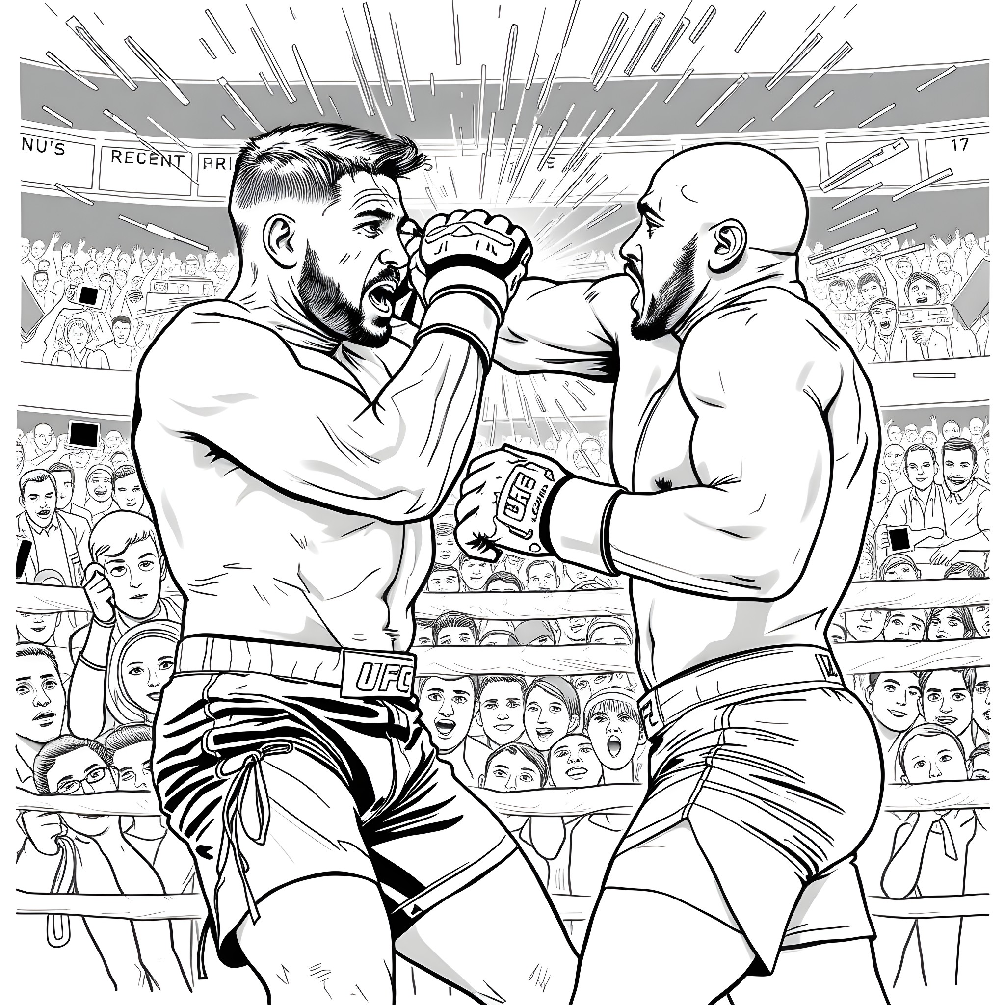 Tom Aspinall's intense fight with opponent in the octagon Coloring Page (free black-and-white line drawing printable PDF for all, from beginners to advanced learners, including children, teens, adults, and seniors)