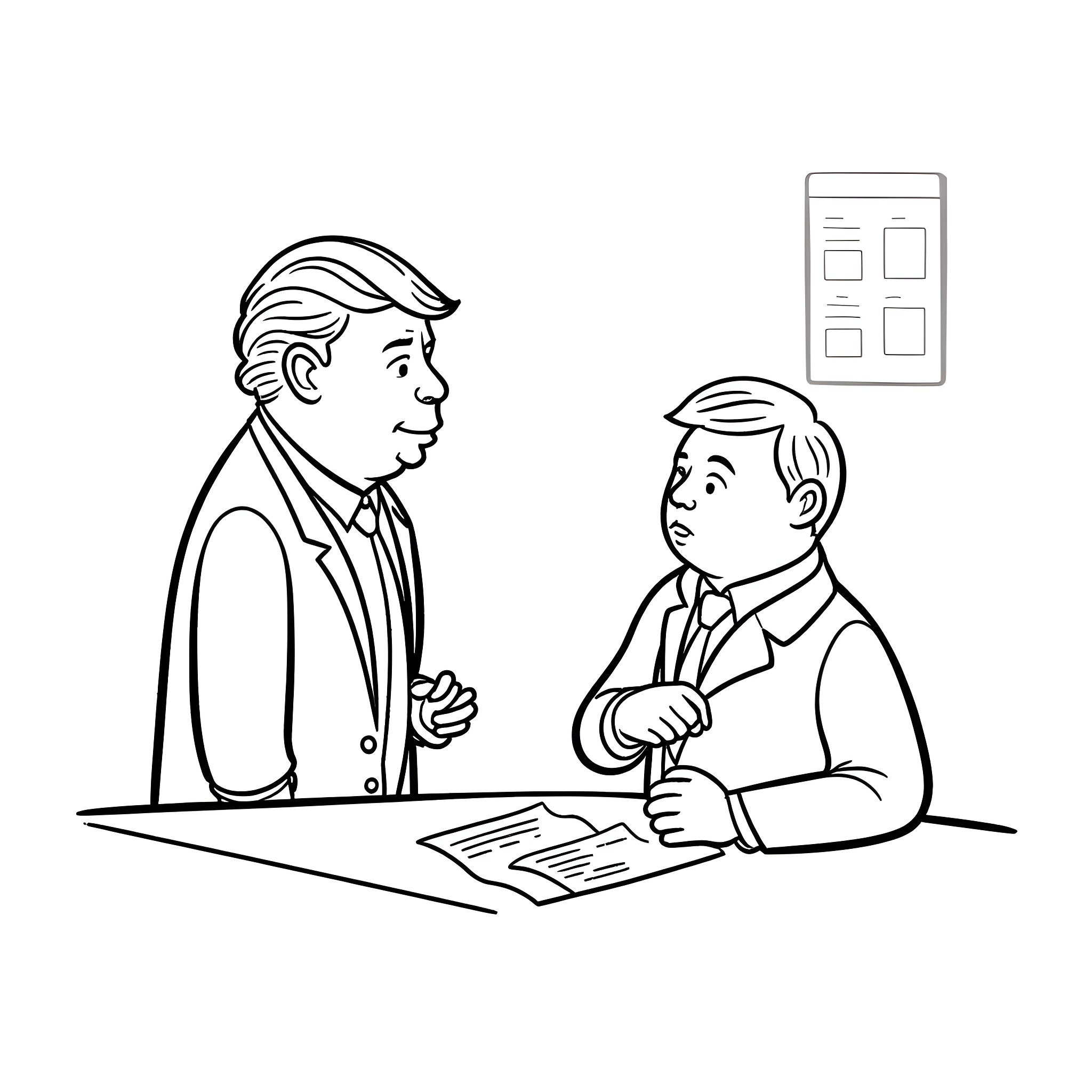 Trump Negotiating with Business Partner Coloring Page (free black-and-white line drawing printable PDF for all, from beginners to advanced learners, including children, teens, adults, and seniors)