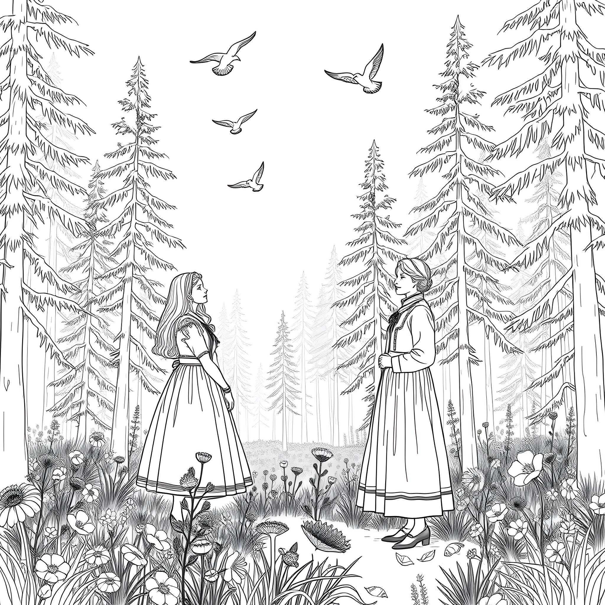 Clothing in nature: Two women exploring a forest path Coloring Page (free black-and-white line drawing printable PDF for all, from beginners to advanced learners, including children, teens, adults, and seniors)