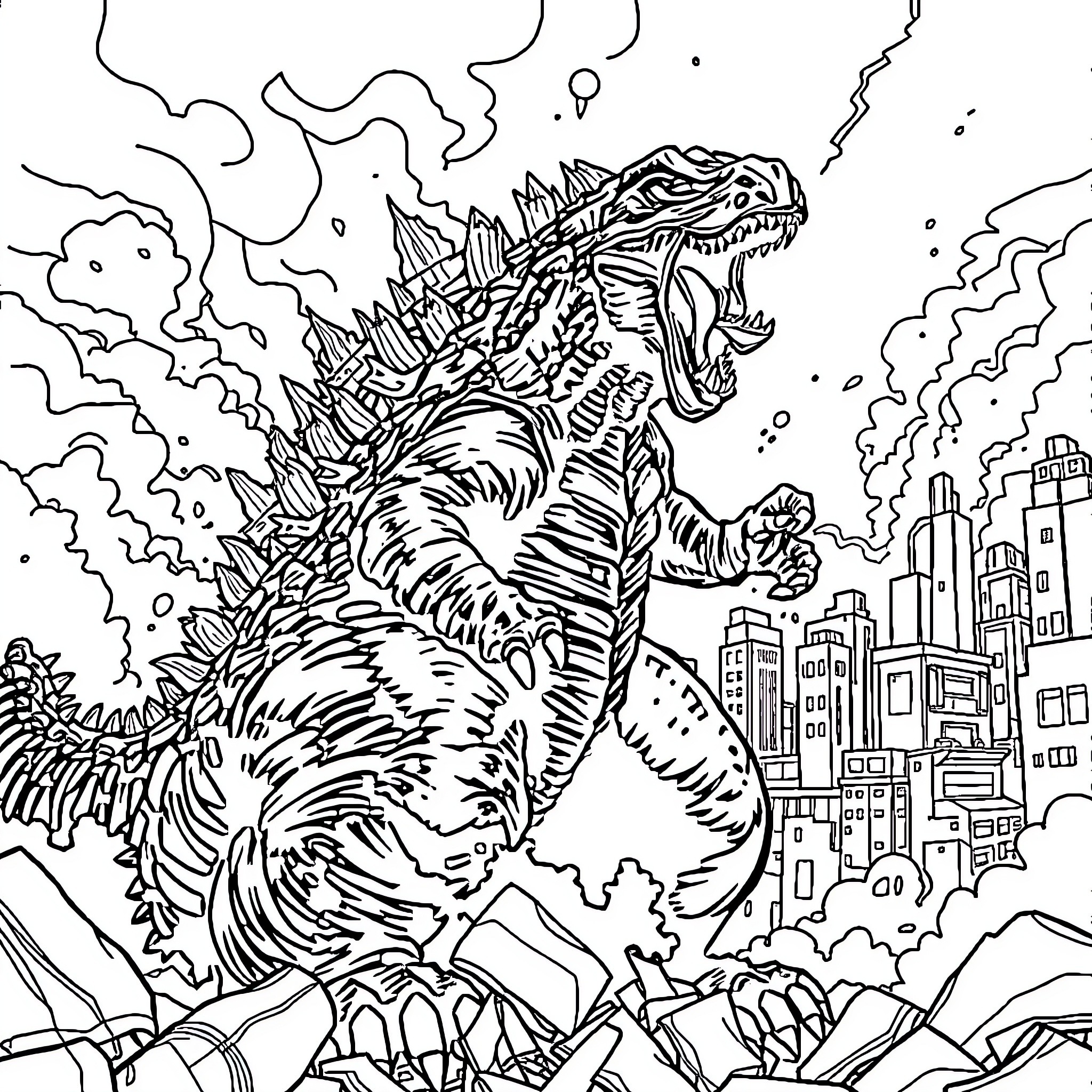 Godzilla destroying the city with its mighty roar Coloring Page (free black-and-white line drawing printable PDF for all, from beginners to advanced learners, including children, teens, adults, and seniors)