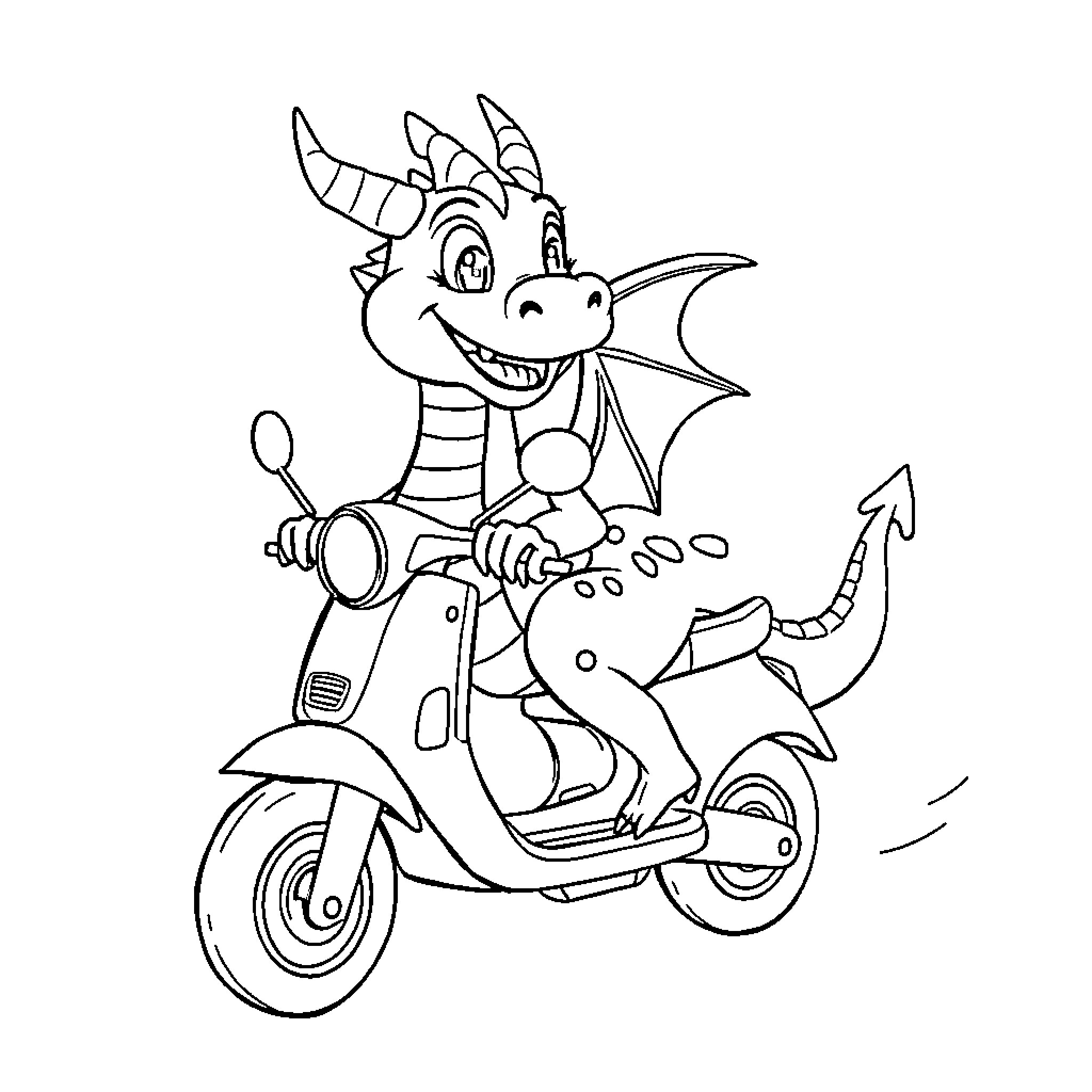 Dragon riding a scooter happily Coloring Page (free black-and-white line drawing printable PDF for all, from beginners to advanced learners, including children, teens, adults, and seniors)