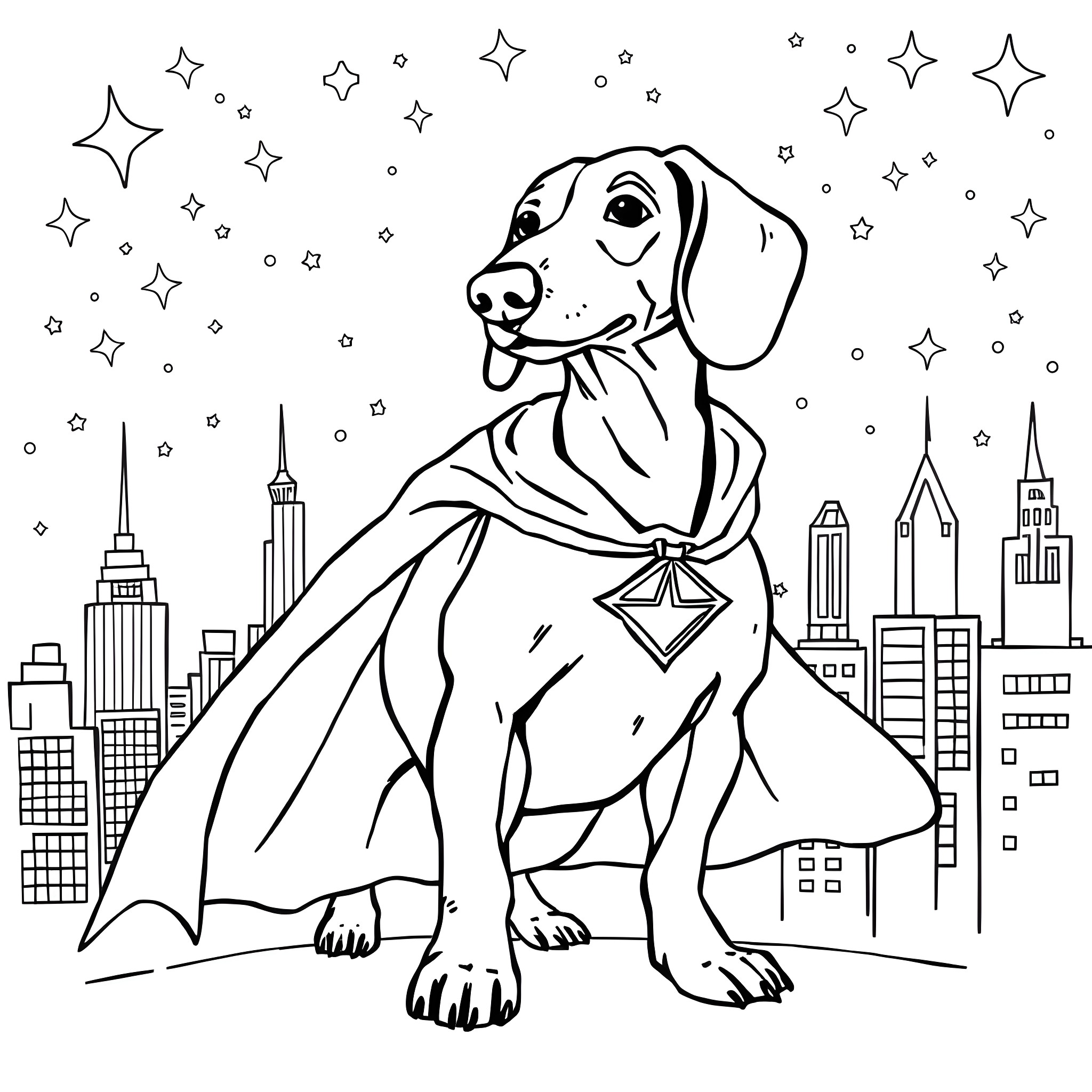 Dachshund superhero in the city Coloring Page (free black-and-white line drawing printable PDF for all, from beginners to advanced learners, including children, teens, adults, and seniors)
