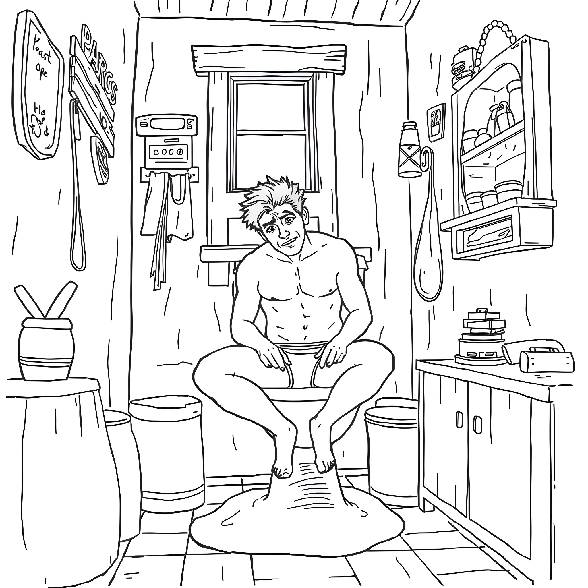 Pedro Pascal as a shirtless character in a messy home environment Coloring Page (free black-and-white line drawing printable PDF for all, from beginners to advanced learners, including children, teens, adults, and seniors)