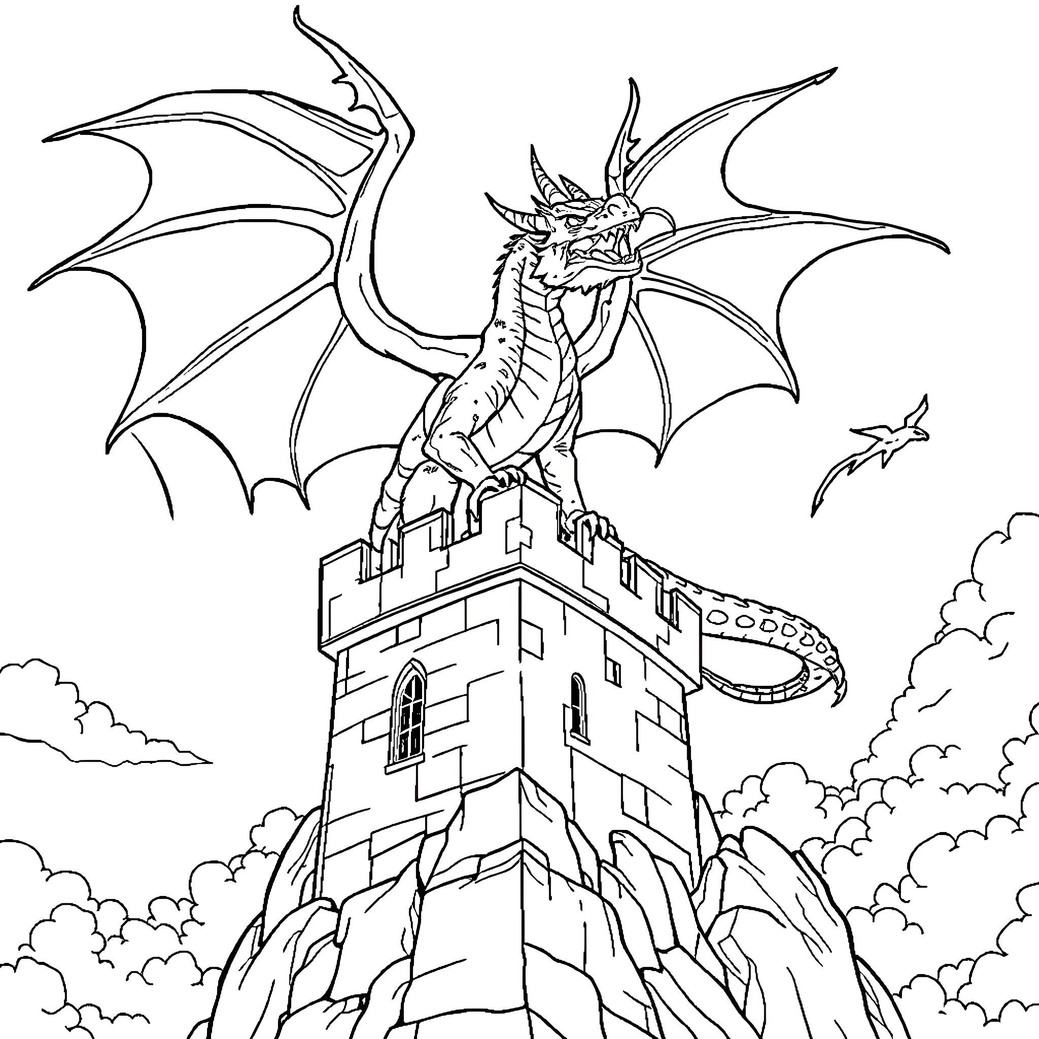 Dragon Guarding Mighty Castle Fortress Coloring Page (free black-and-white line drawing printable PDF for all, from beginners to advanced learners, including children, teens, adults, and seniors)