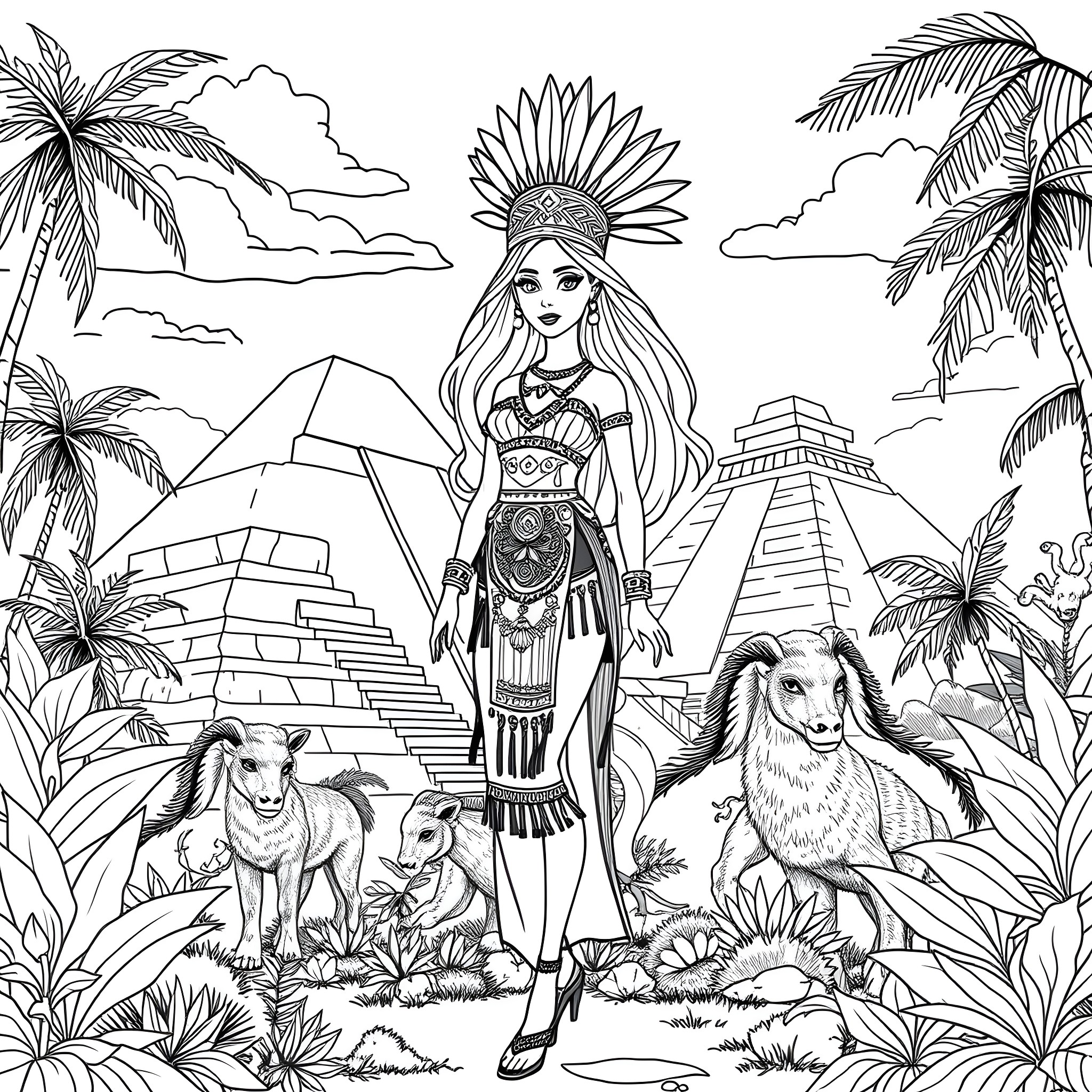Barbie's Exotic Adventure in the Jungle Coloring Page (free black-and-white line drawing printable PDF for all, from beginners to advanced learners, including children, teens, adults, and seniors)