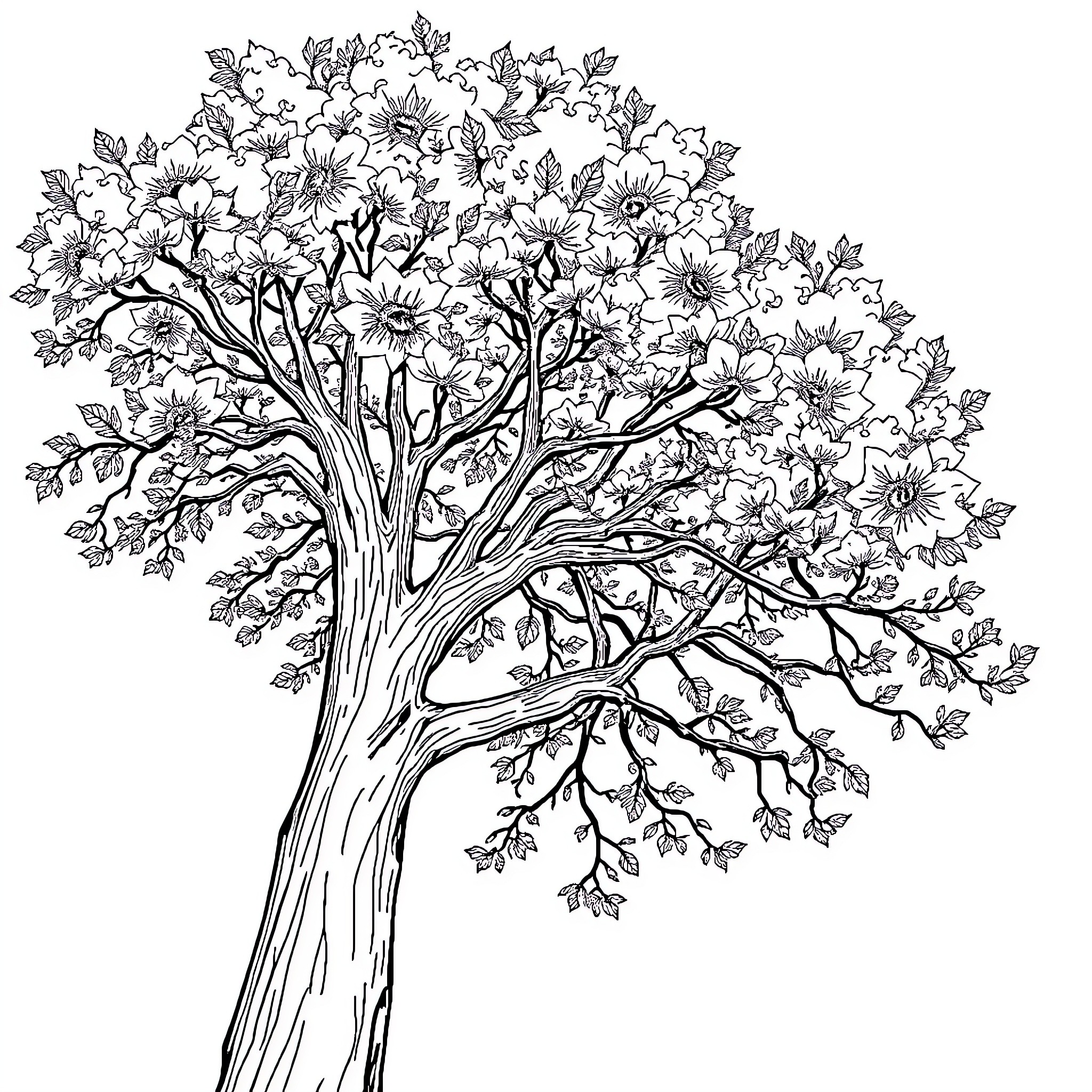 Tree with Blooming Flowers and Leaves Coloring Page (free black-and-white line drawing printable PDF for all, from beginners to advanced learners, including children, teens, adults, and seniors)