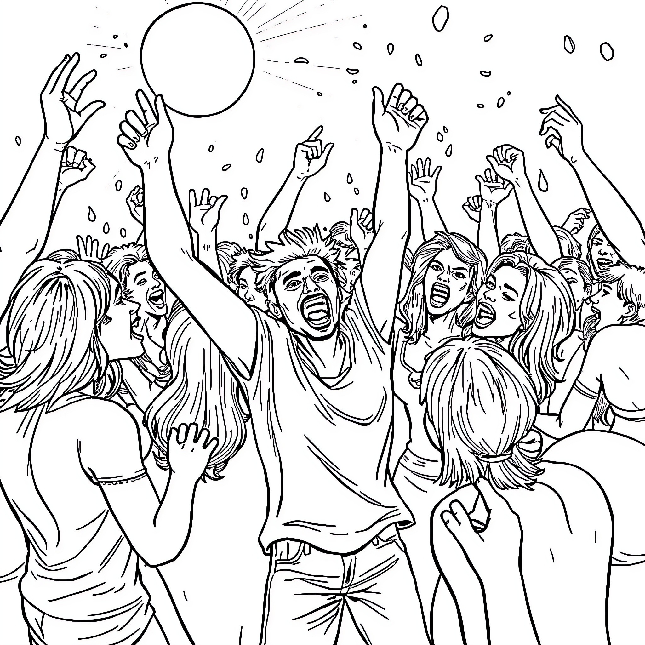 Gang of lively partygoers celebrating joyfully Coloring Page (free black-and-white line drawing printable PDF for all, from beginners to advanced learners, including children, teens, adults, and seniors)