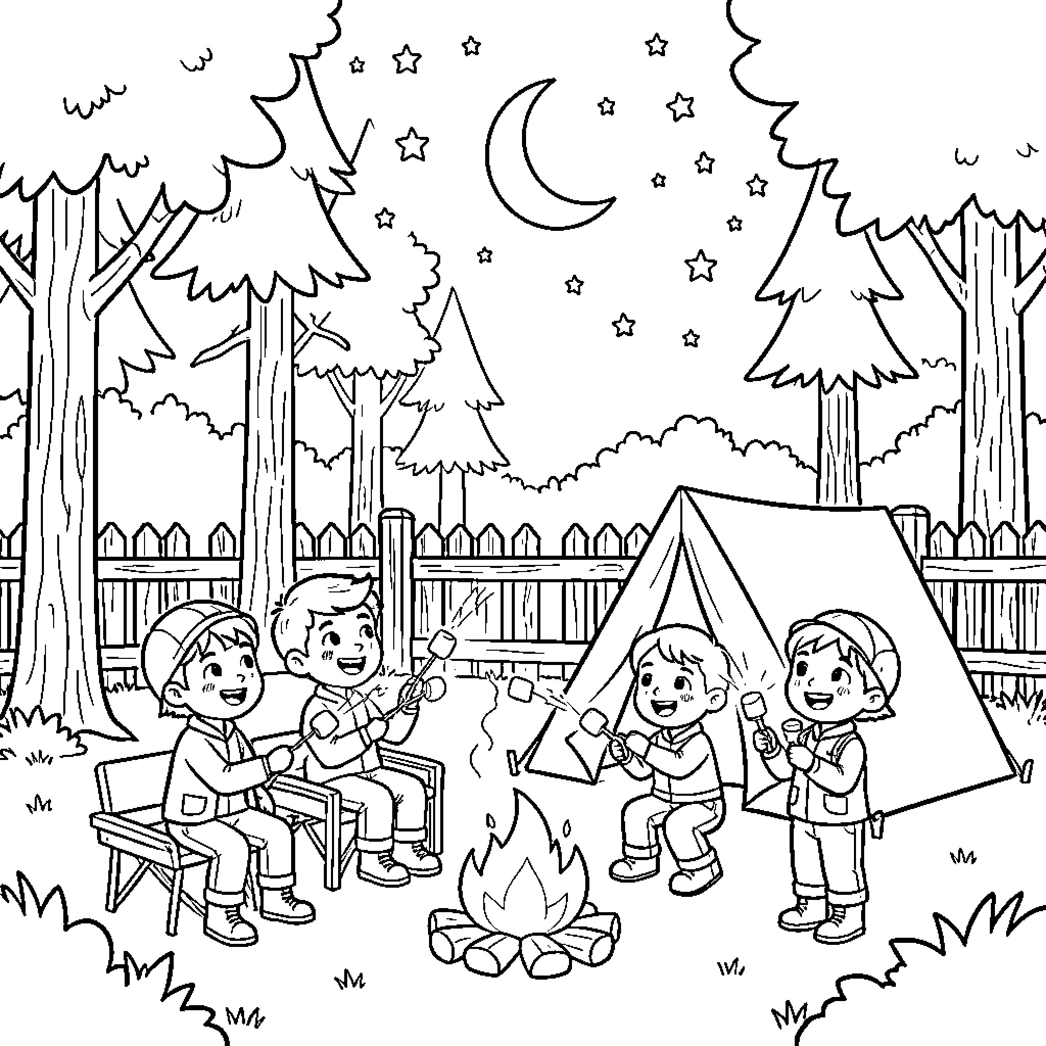 Family roasting marshmallows around a campfire near a tent Coloring Page (free black-and-white line drawing printable PDF for all, from beginners to advanced learners, including children, teens, adults, and seniors)