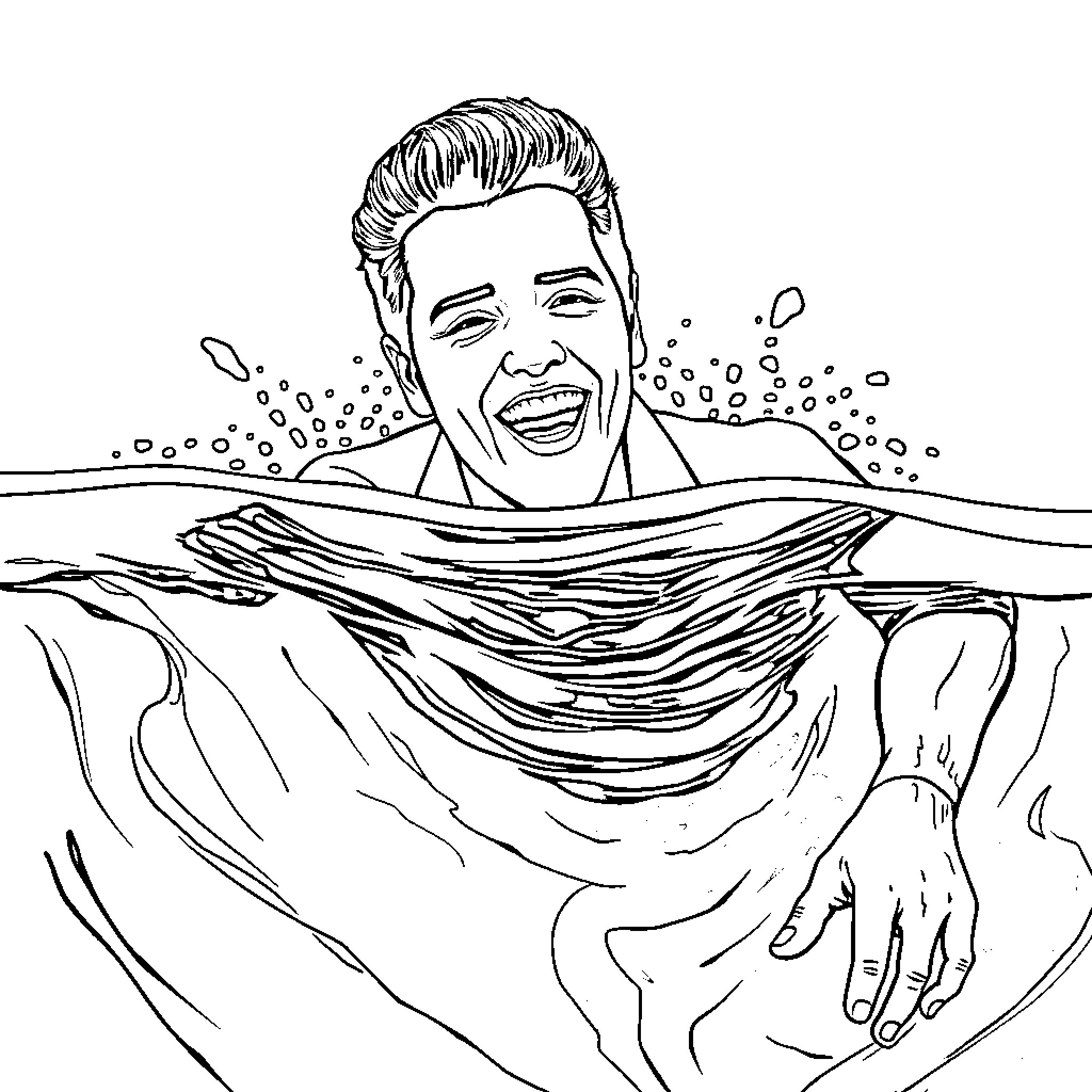 Elvis Presley Joyfully Relaxing in the Water Coloring Page (free black-and-white line drawing printable PDF for all, from beginners to advanced learners, including children, teens, adults, and seniors)
