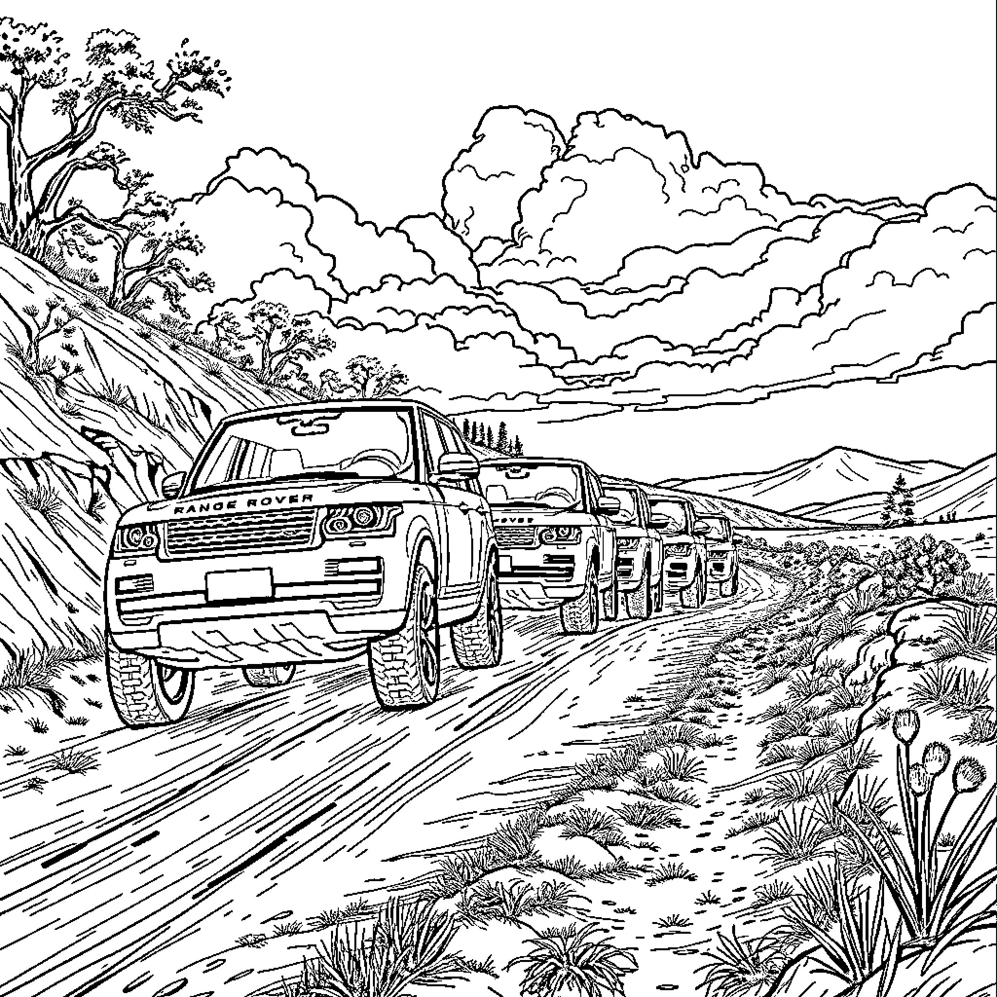 Range Rover off-road adventure through rugged terrain Coloring Page (free black-and-white line drawing printable PDF for all, from beginners to advanced learners, including children, teens, adults, and seniors)