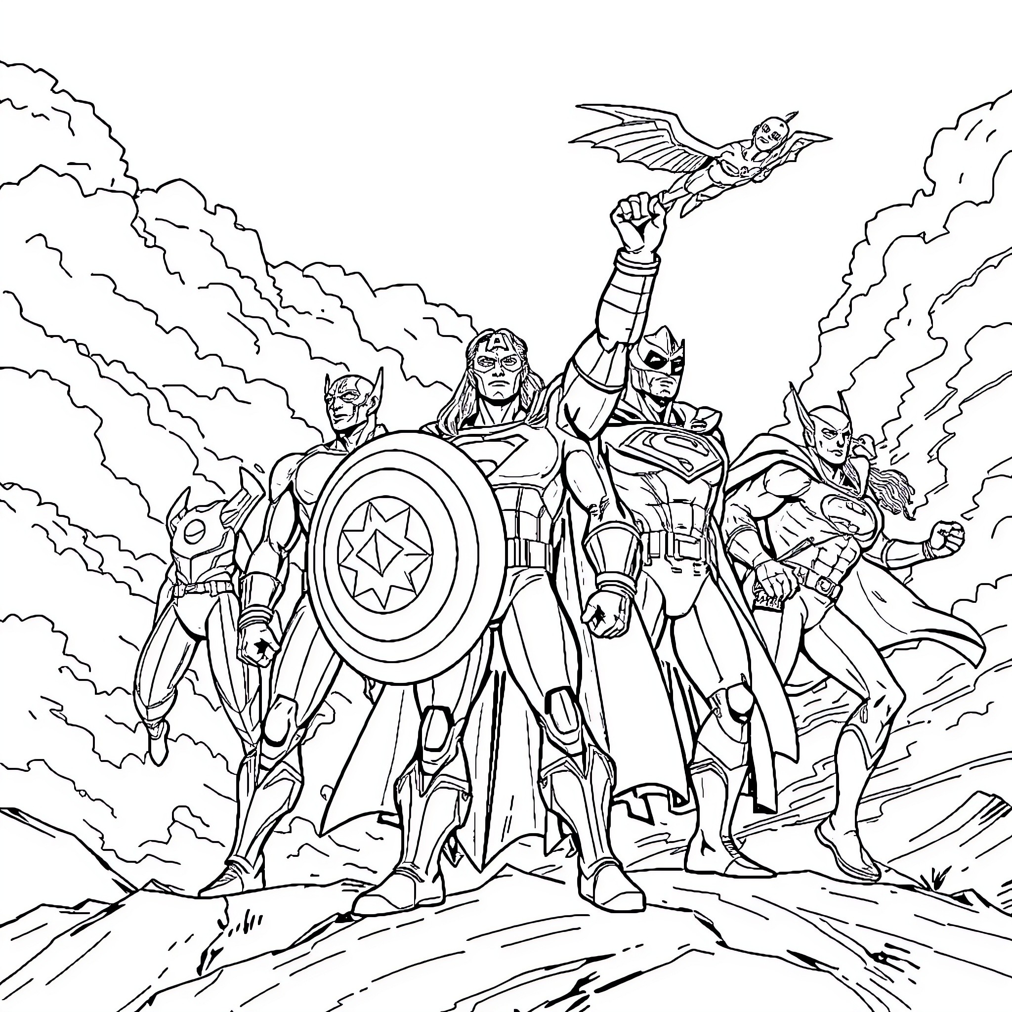 Superhero Team Banding Together for Action Coloring Page (free black-and-white line drawing printable PDF for all, from beginners to advanced learners, including children, teens, adults, and seniors)
