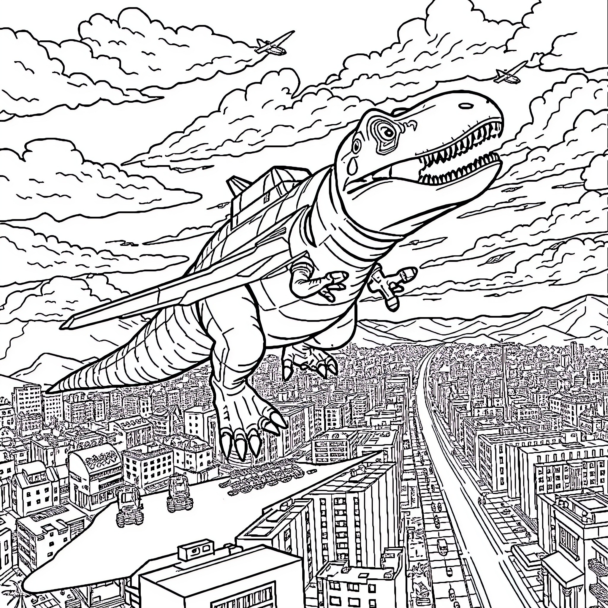 Dinosaur Soaring Above the City Skyline Coloring Page (free black-and-white line drawing printable PDF for all, from beginners to advanced learners, including children, teens, adults, and seniors)
