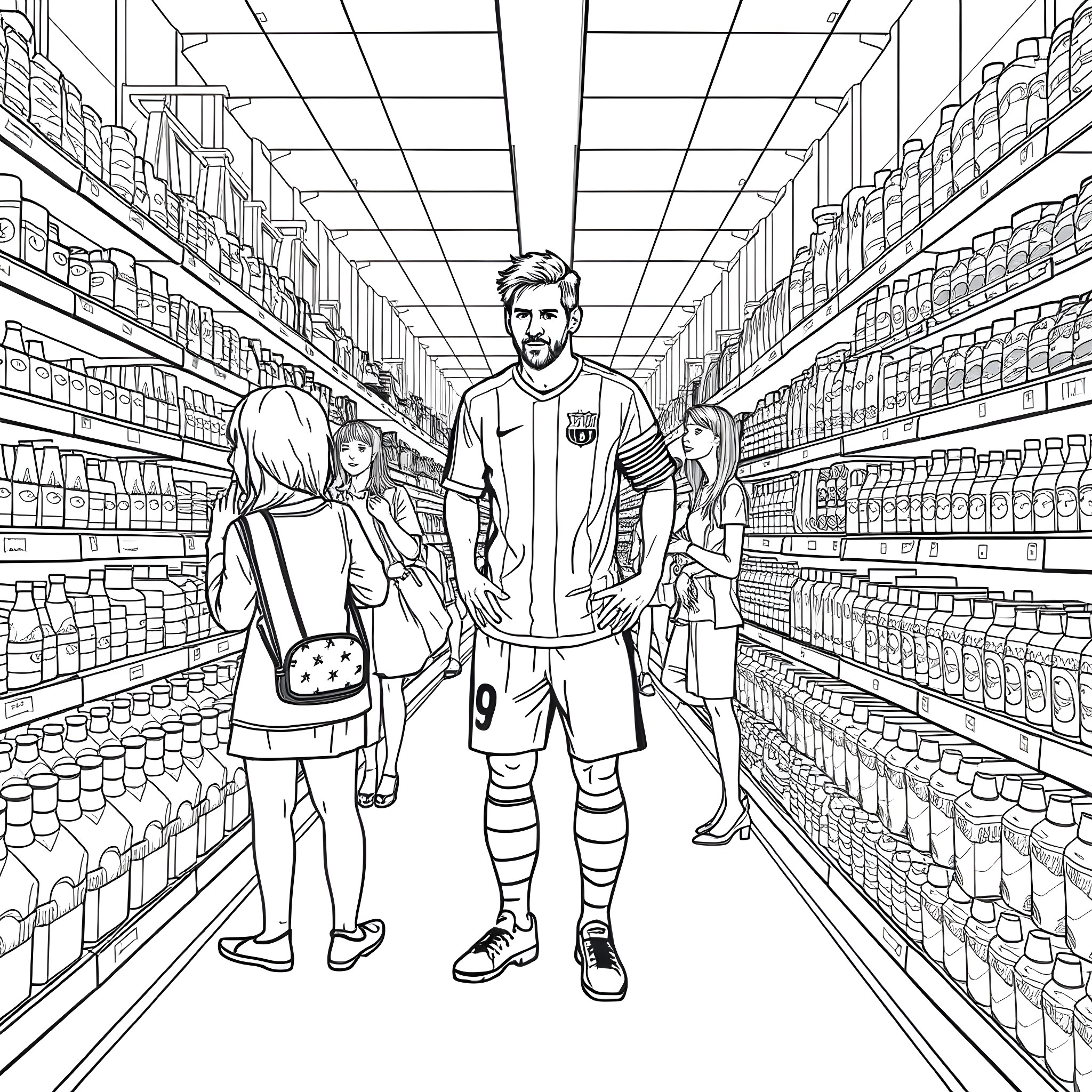 Messi Shopping with Fans at the Supermarket Coloring Page (free black-and-white line drawing printable PDF for all, from beginners to advanced learners, including children, teens, adults, and seniors)