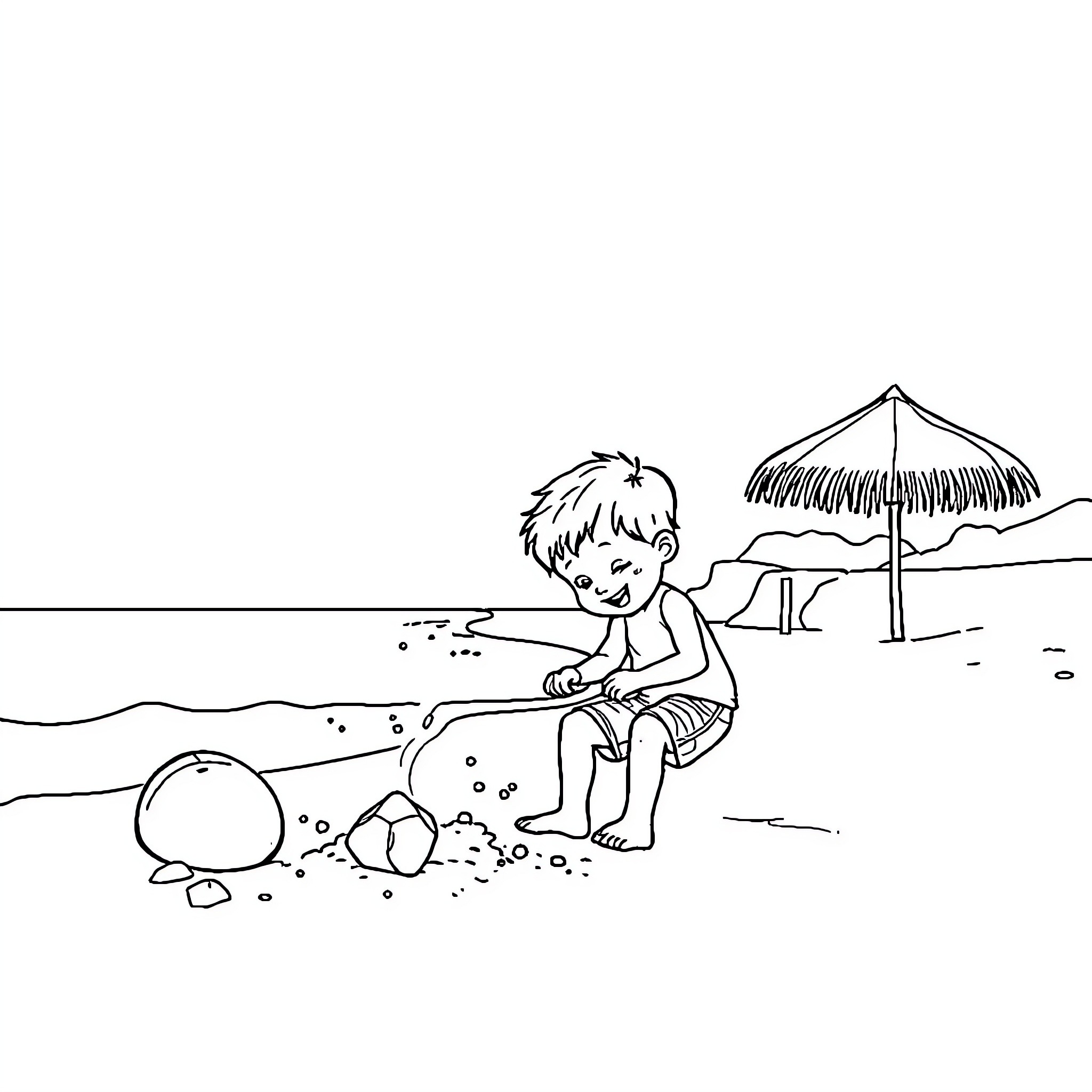 Child playing on the beach with toys Coloring Page (free black-and-white line drawing printable PDF for all, from beginners to advanced learners, including children, teens, adults, and seniors)
