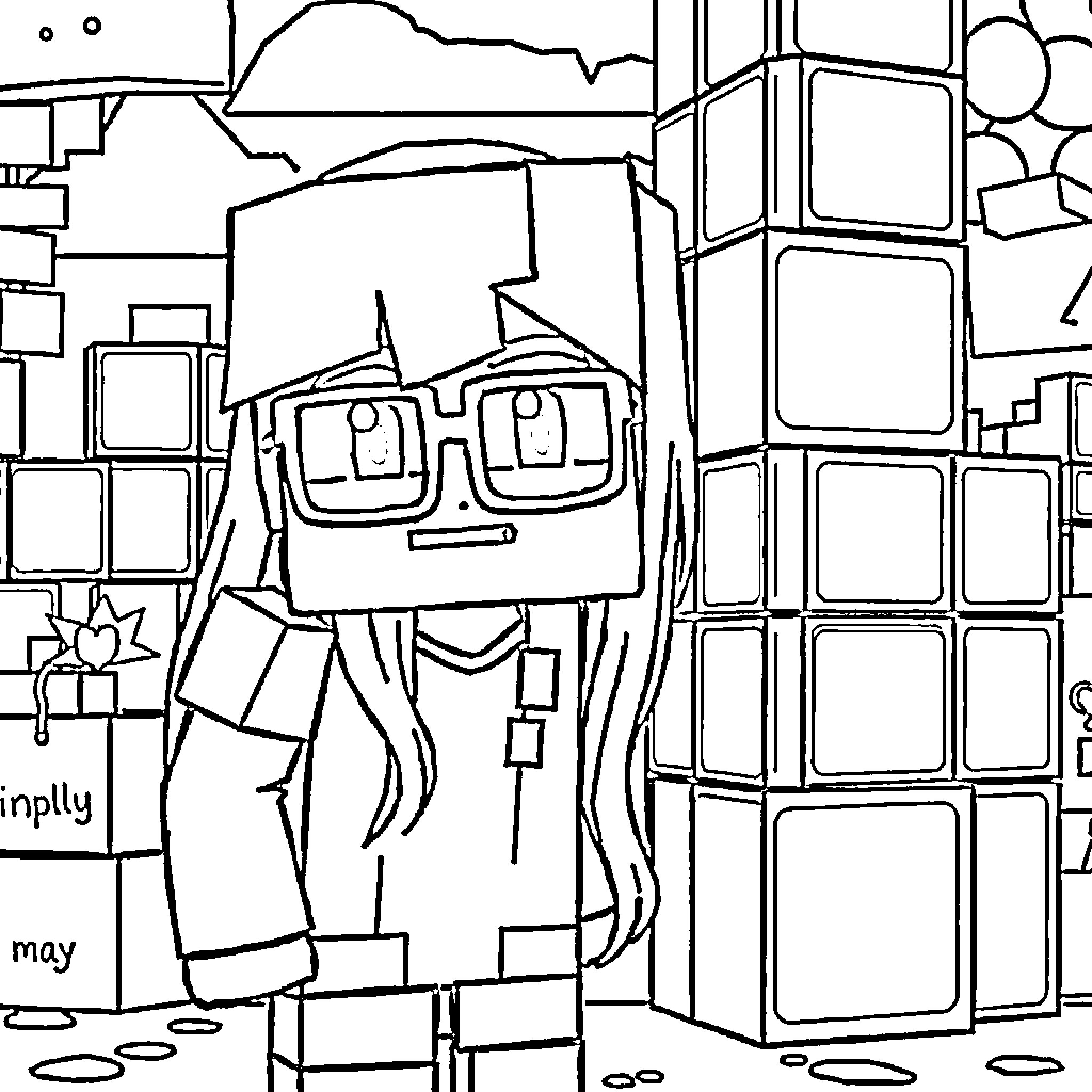 Minecraft Character Exploring a City Landscape Coloring Page (free black-and-white line drawing printable PDF for all, from beginners to advanced learners, including children, teens, adults, and seniors)