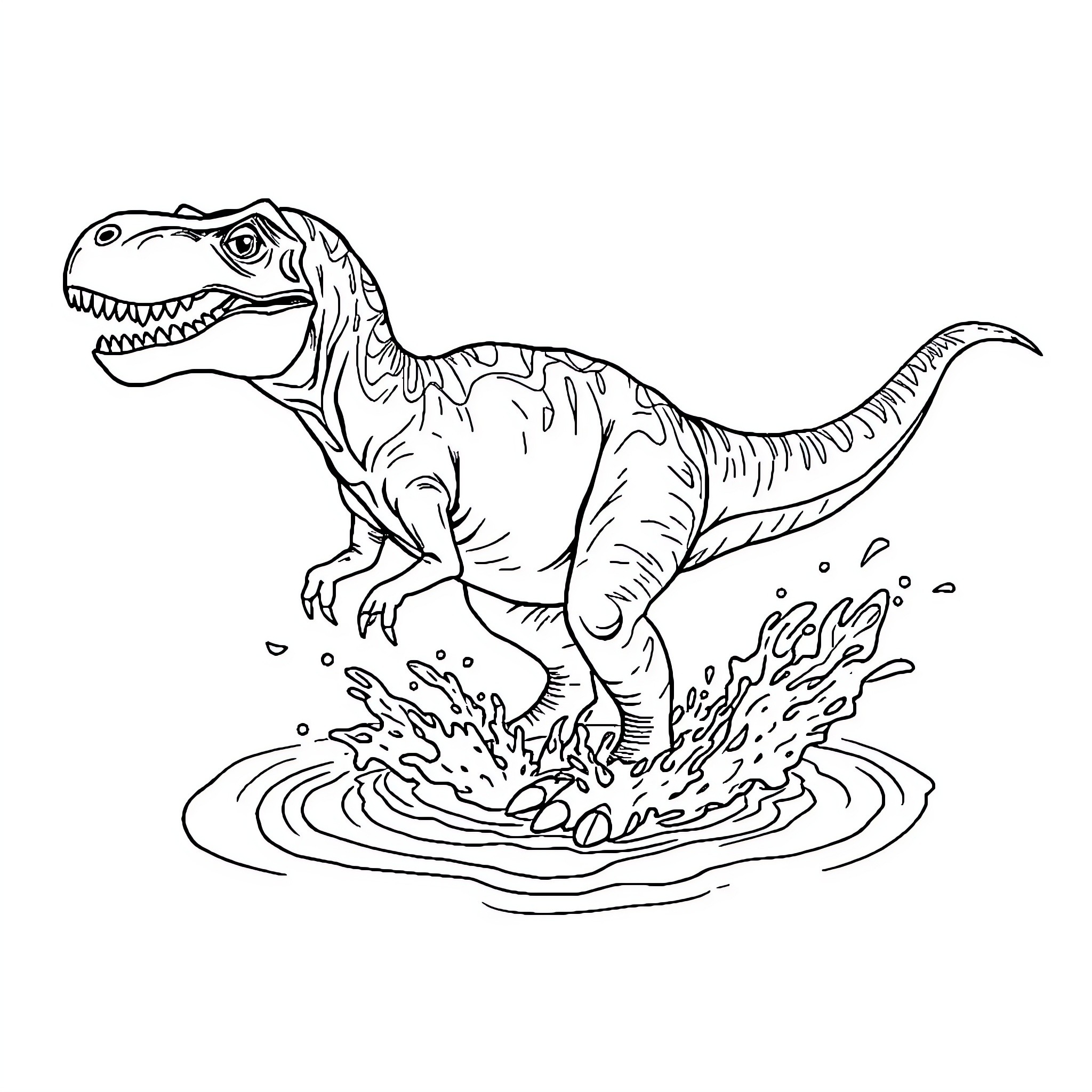 Tyrannosaurus Rex splashing through water Coloring Page (free black-and-white line drawing printable PDF for all, from beginners to advanced learners, including children, teens, adults, and seniors)