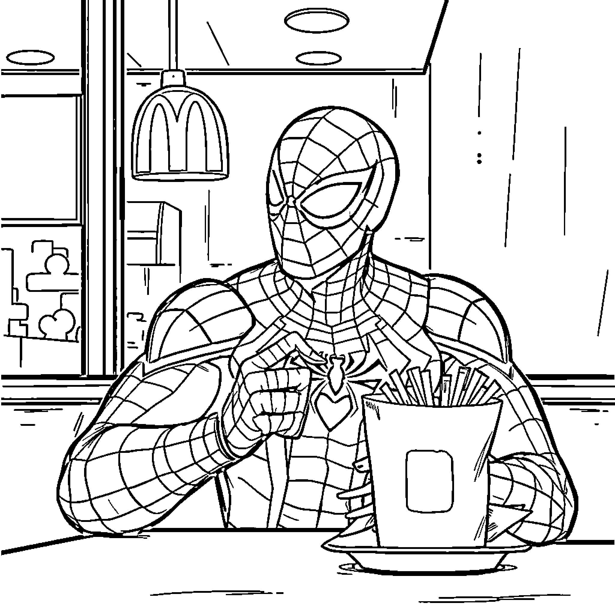 Spiderman sitting at a table eating french fries Coloring Page (free black-and-white line drawing printable PDF for all, from beginners to advanced learners, including children, teens, adults, and seniors)