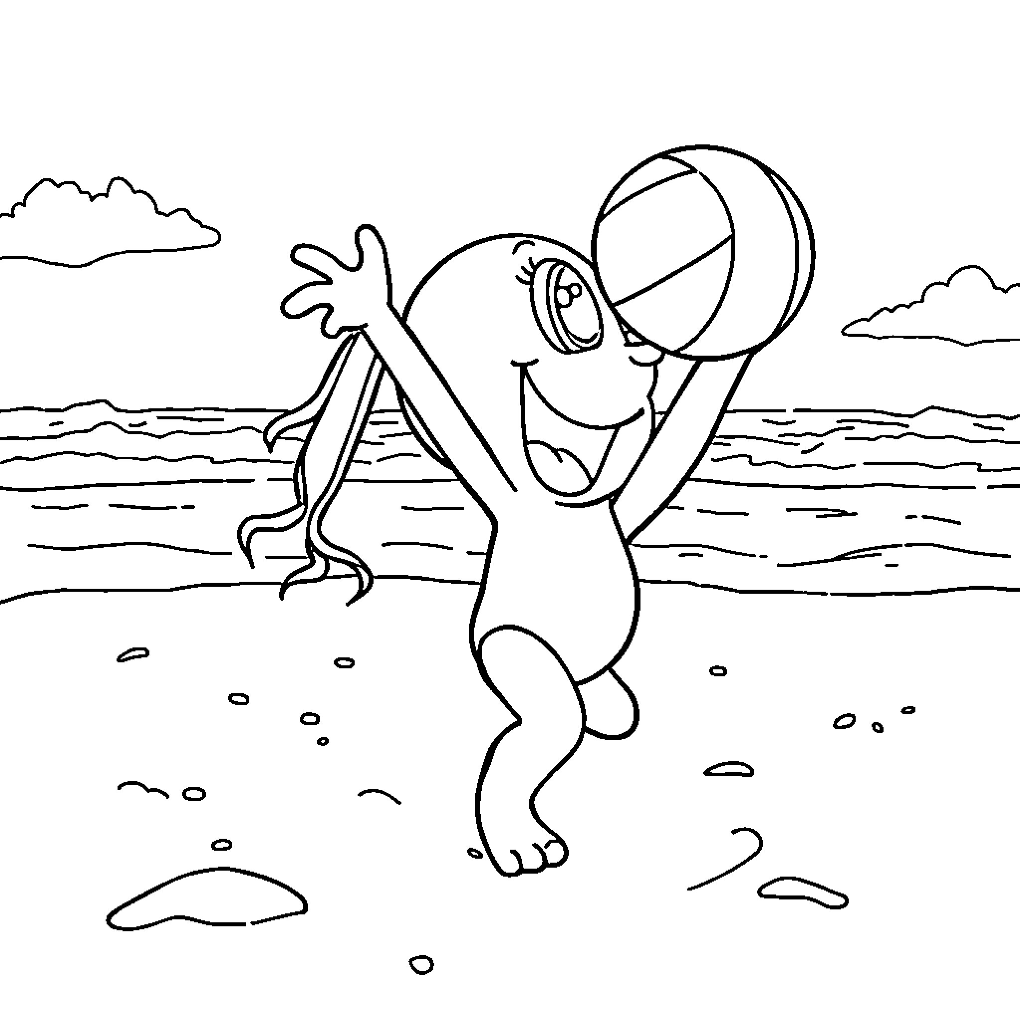 Alcremie playing joyfully on the beach Coloring Page (free black-and-white line drawing printable PDF for all, from beginners to advanced learners, including children, teens, adults, and seniors)