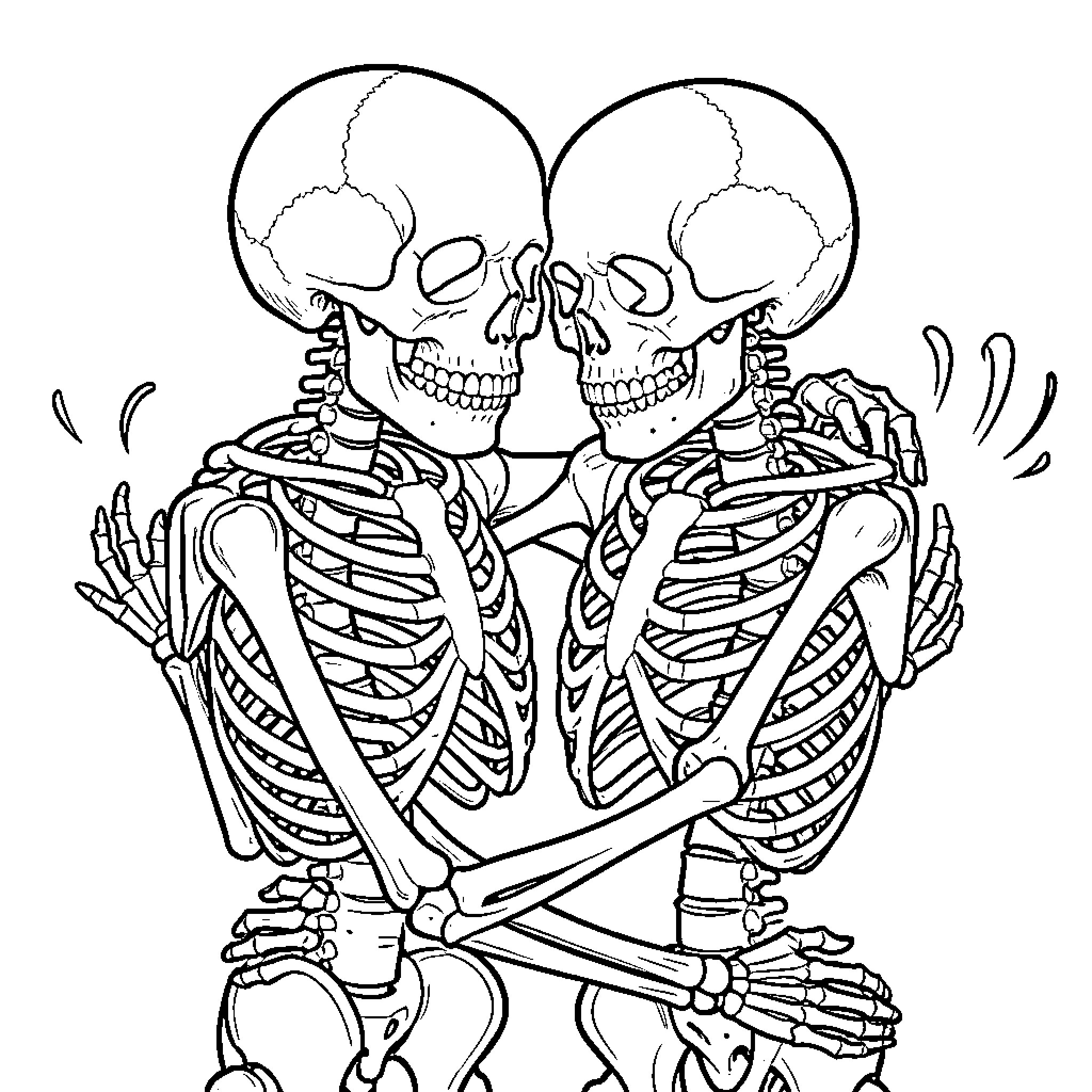 Skeleton couple embracing and smiling warmly together Coloring Page (free black-and-white line drawing printable PDF for all, from beginners to advanced learners, including children, teens, adults, and seniors)