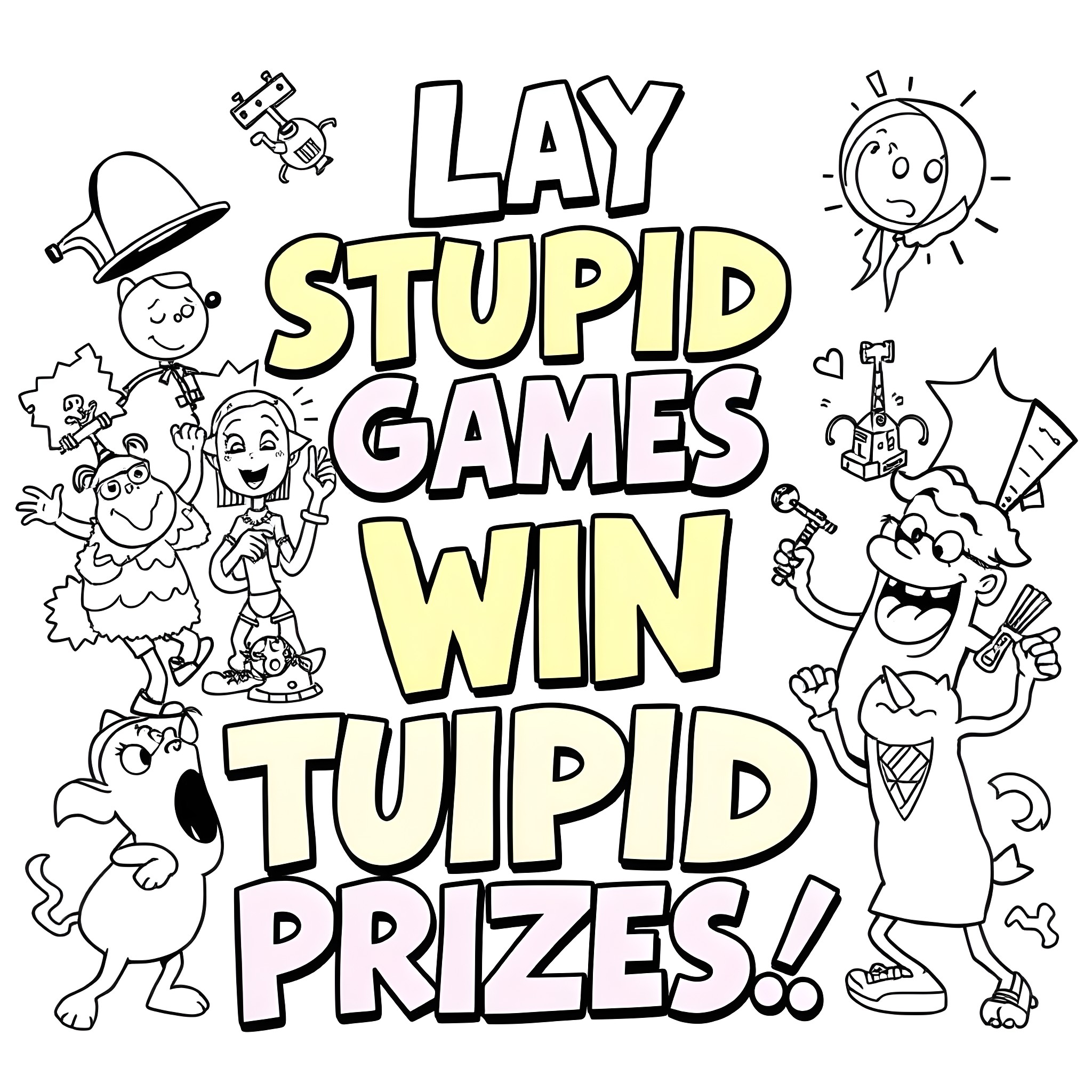 Pop Art Silly Characters Playing Stupid Games Coloring Page (free black-and-white line drawing printable PDF for all, from beginners to advanced learners, including children, teens, adults, and seniors)