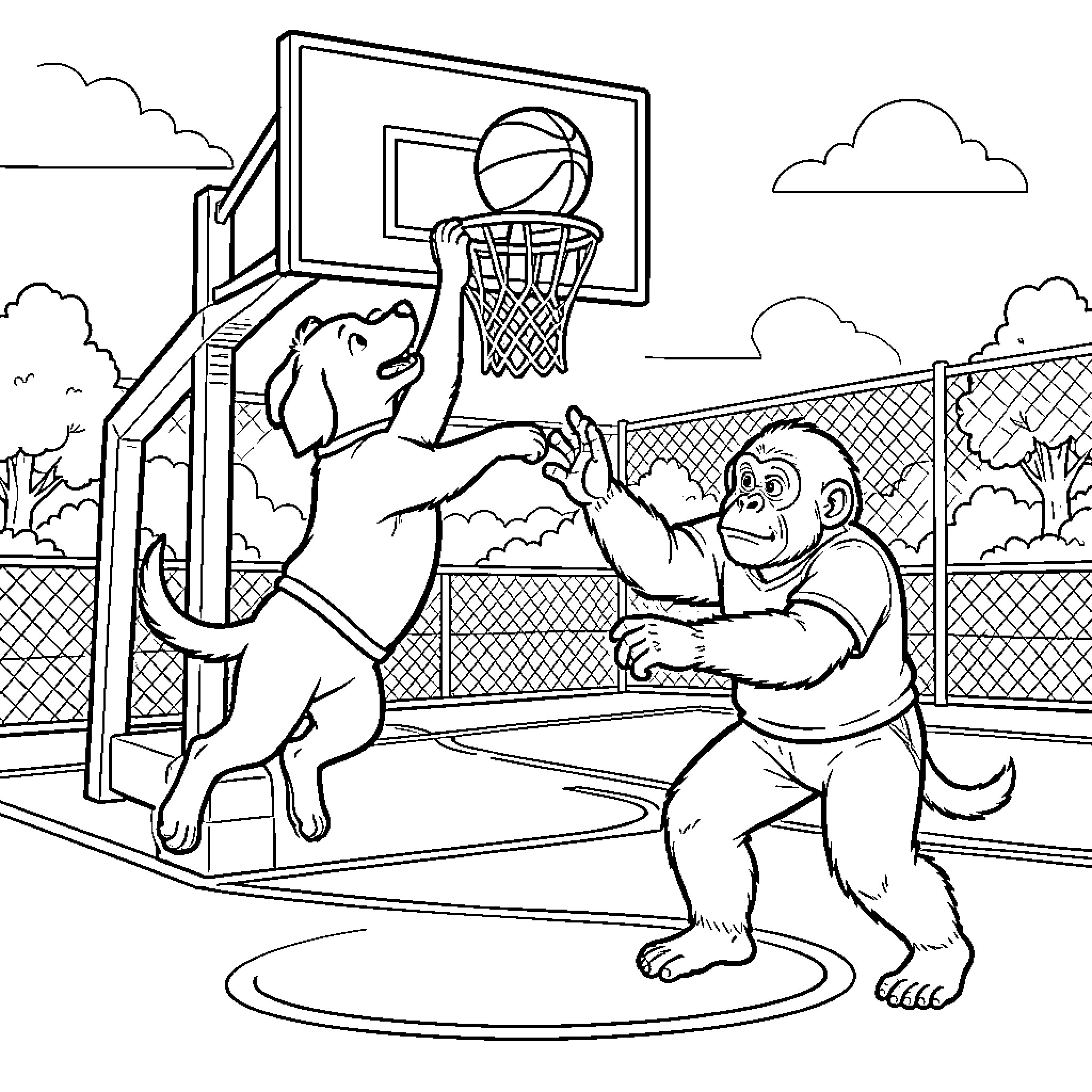 Dog jumping to play basketball against a monkey Coloring Page (free black-and-white line drawing printable PDF for all, from beginners to advanced learners, including children, teens, adults, and seniors)