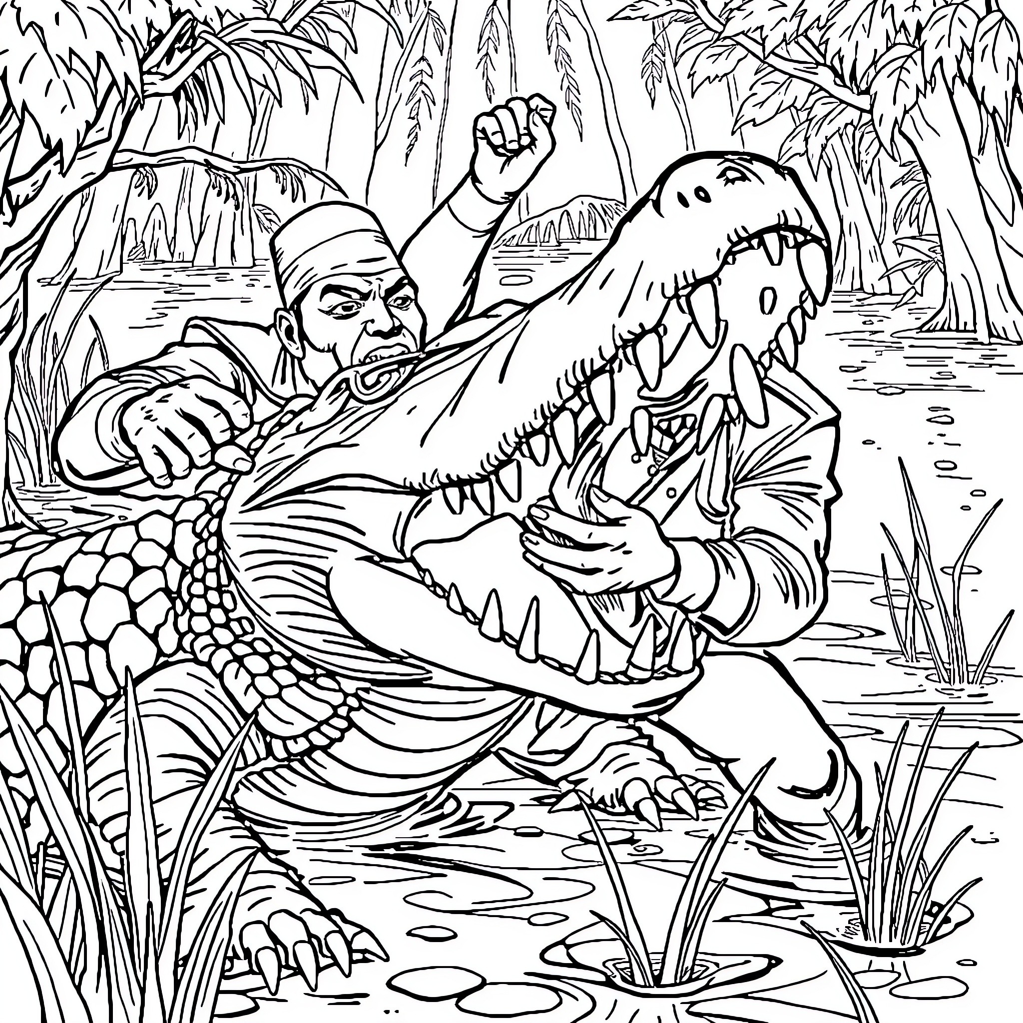 Mr T Wrestles Fierce Alligator in Swampy Jungle Coloring Page (free black-and-white line drawing printable PDF for all, from beginners to advanced learners, including children, teens, adults, and seniors)