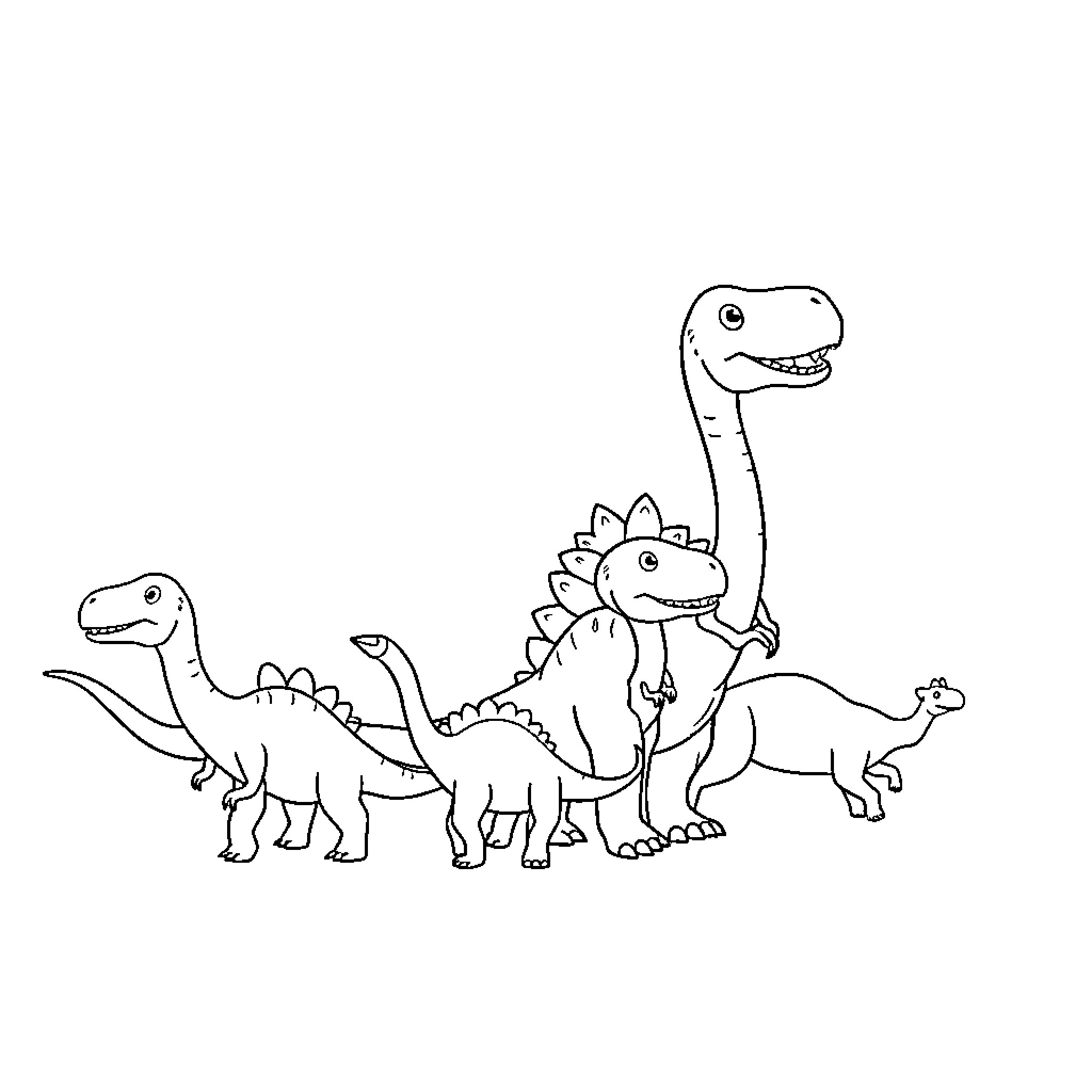 Dinosaurs playing together in the wild Coloring Page (free black-and-white line drawing printable PDF for all, from beginners to advanced learners, including children, teens, adults, and seniors)