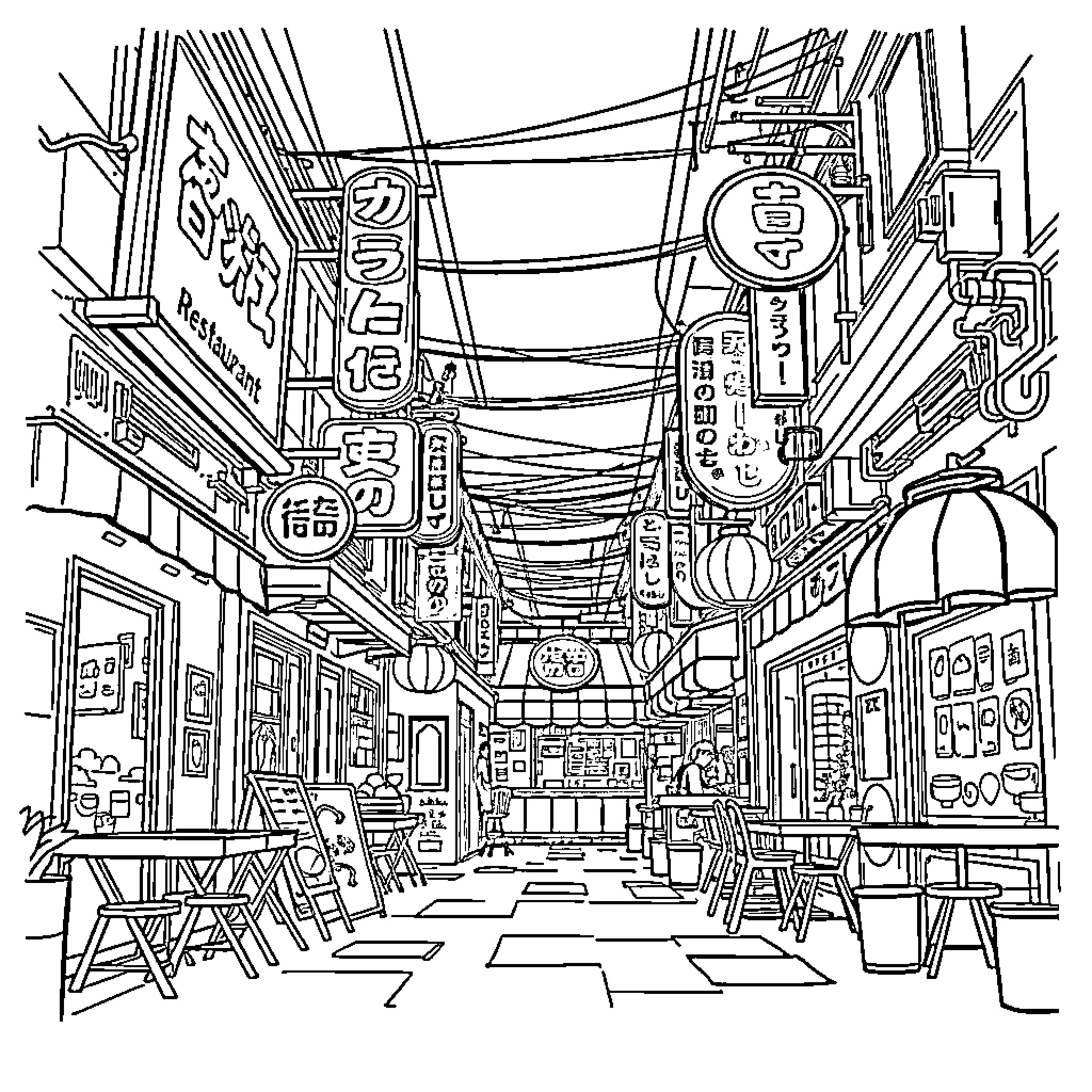 Restaurant with Vibrant Storefront Scenes and Signages Coloring Page (free black-and-white line drawing printable PDF for all, from beginners to advanced learners, including children, teens, adults, and seniors)