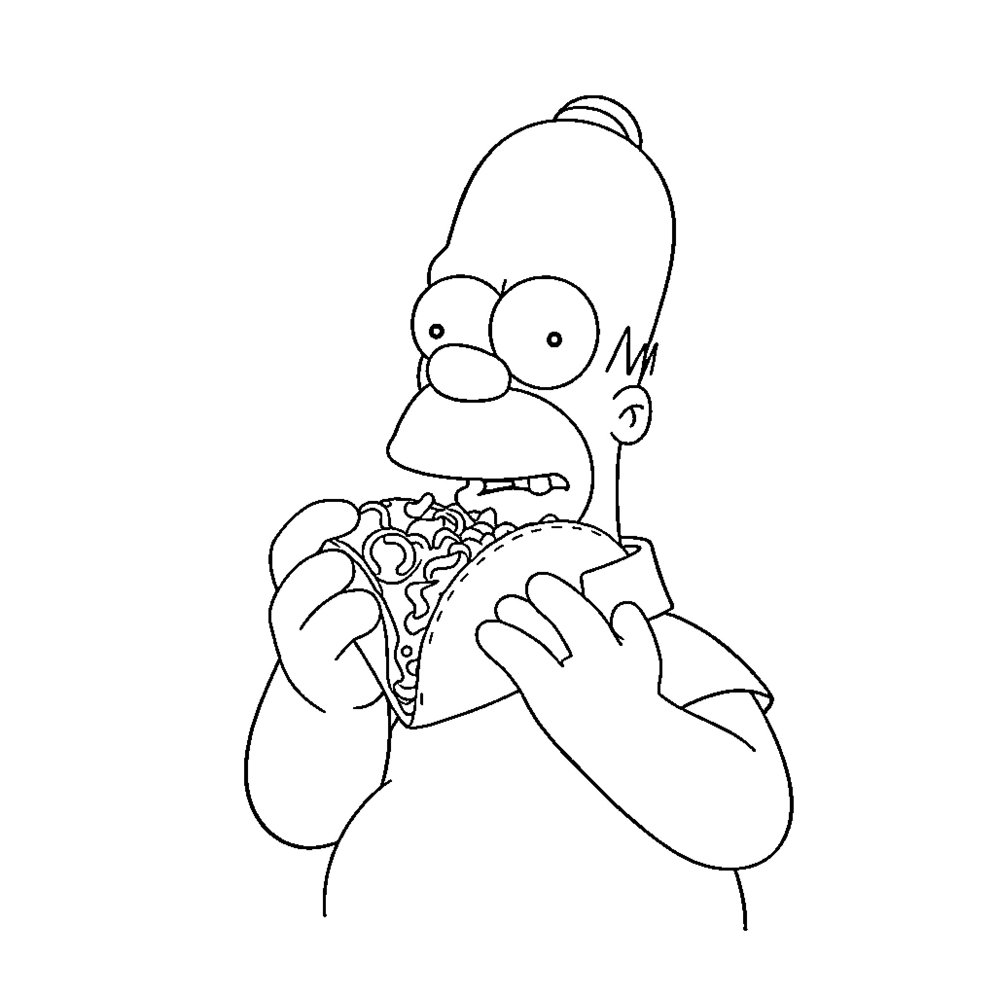 Homer Simpson eating a pizza Coloring Page (free black-and-white line drawing printable PDF for all, from beginners to advanced learners, including children, teens, adults, and seniors)