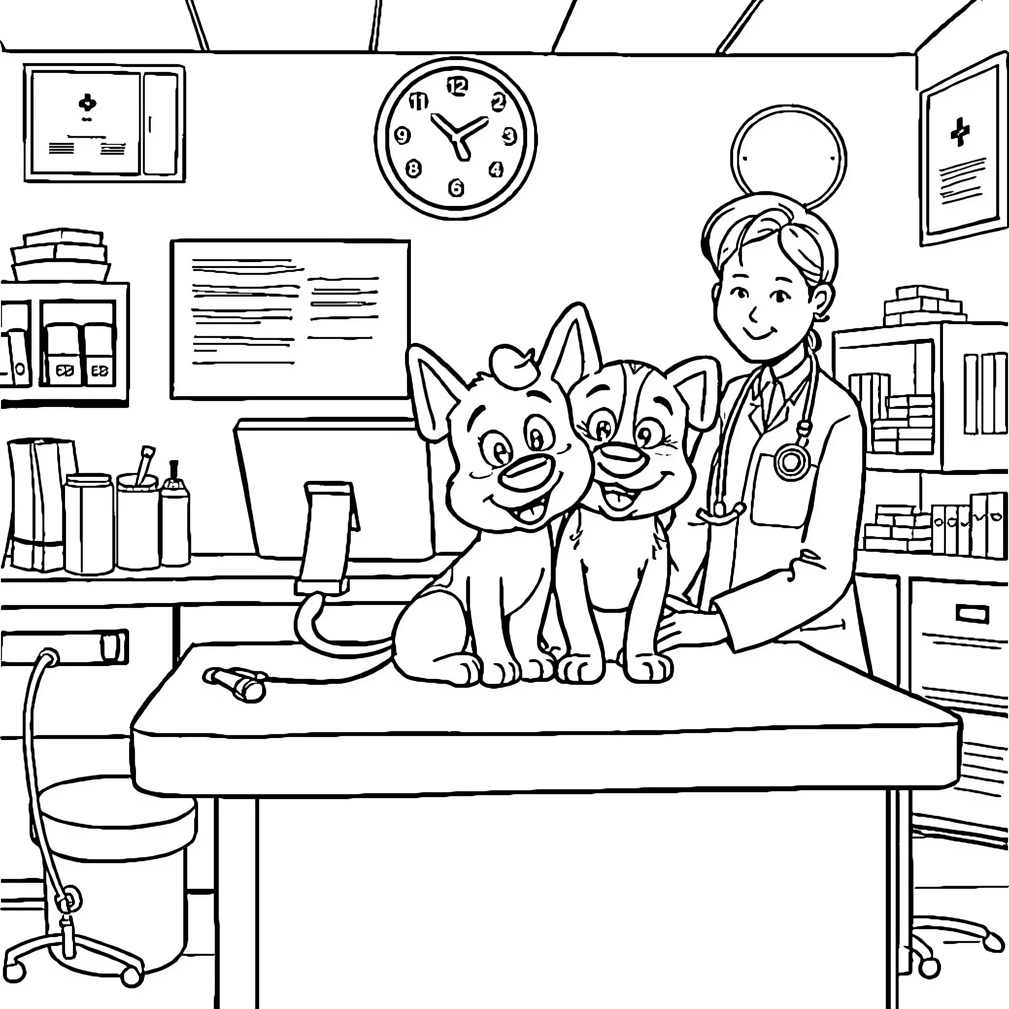 Bluey and Bingo Visit the Veterinarian Coloring Page (free black-and-white line drawing printable PDF for all, from beginners to advanced learners, including children, teens, adults, and seniors)