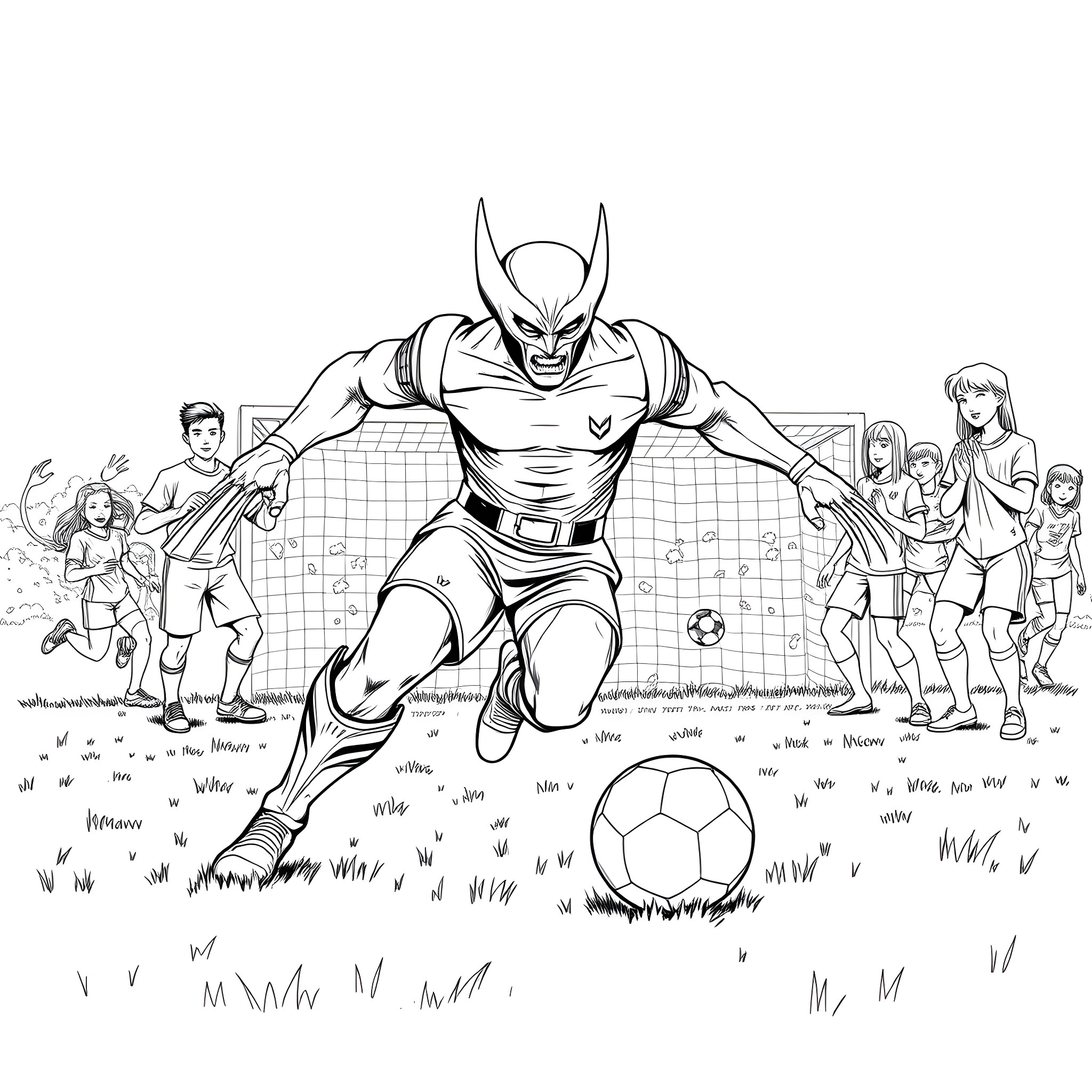 Wolverine playing soccer with a group of children Coloring Page (free black-and-white line drawing printable PDF for all, from beginners to advanced learners, including children, teens, adults, and seniors)