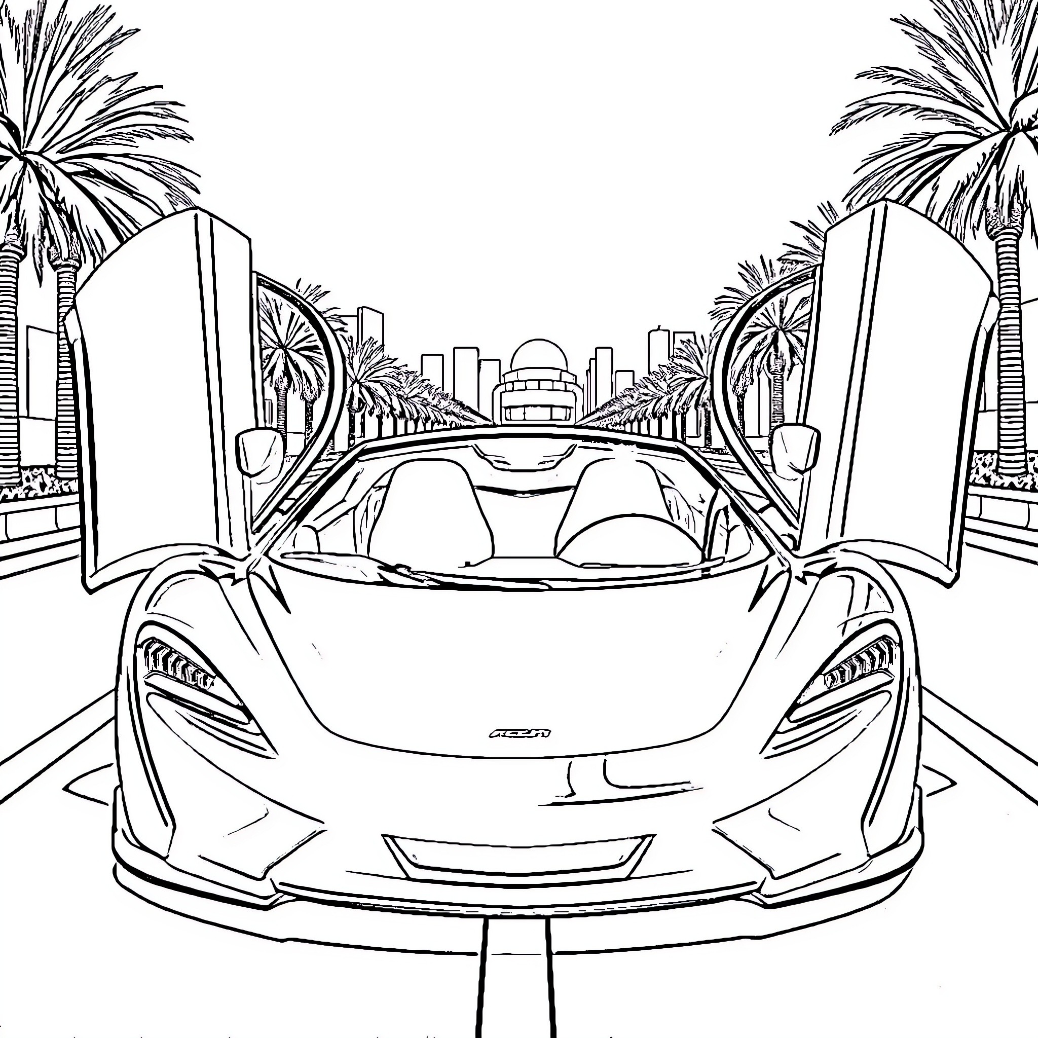 McLaren speeding through a palm-lined city Coloring Page (free black-and-white line drawing printable PDF for all, from beginners to advanced learners, including children, teens, adults, and seniors)