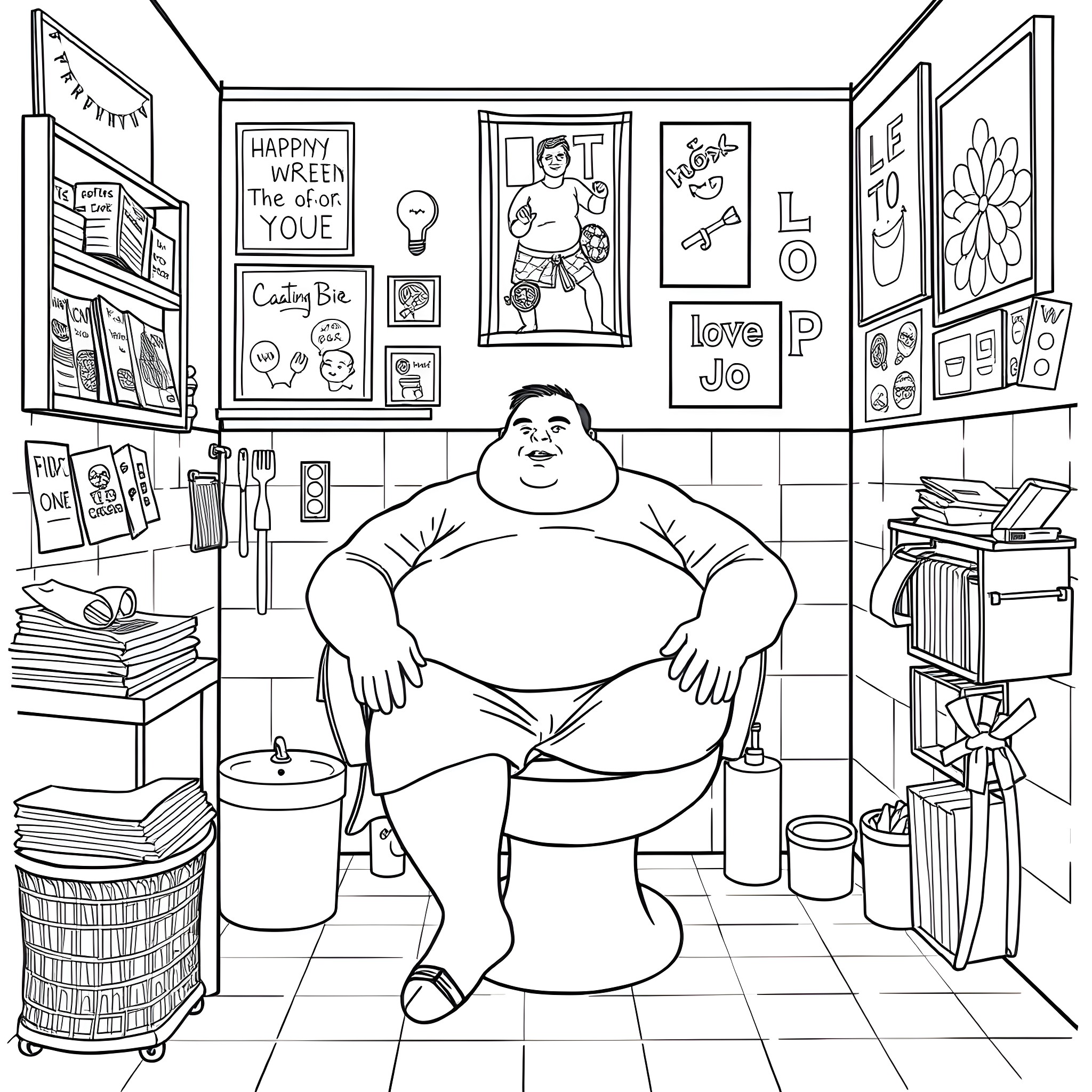 Man relaxing in a messy room full of art and decor Coloring Page (free black-and-white line drawing printable PDF for all, from beginners to advanced learners, including children, teens, adults, and seniors)