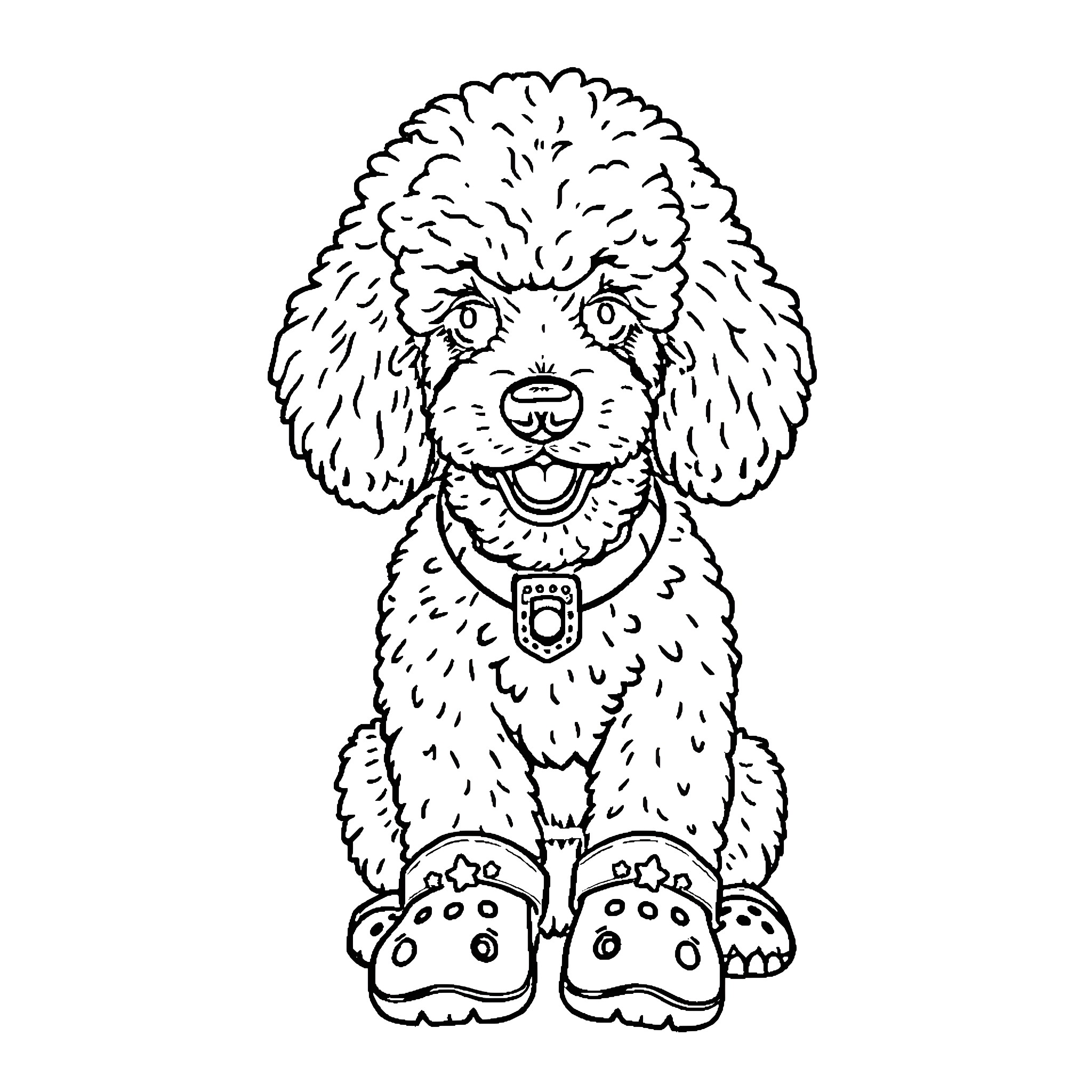Poodle puppy in playful pose with collar Coloring Page (free black-and-white line drawing printable PDF for all, from beginners to advanced learners, including children, teens, adults, and seniors)