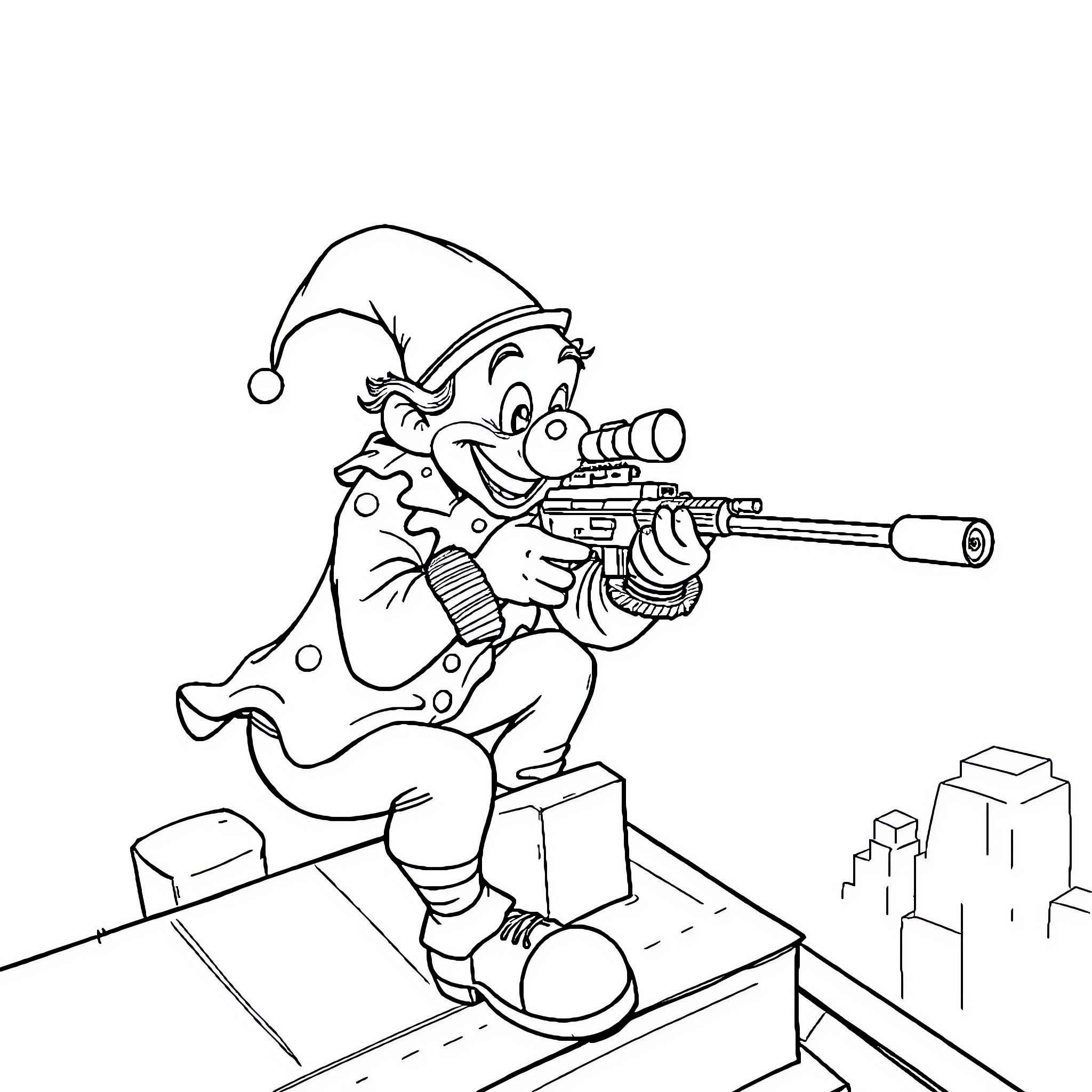 Clown perched on box aiming toy gun at city Coloring Page (free black-and-white line drawing printable PDF for all, from beginners to advanced learners, including children, teens, adults, and seniors)