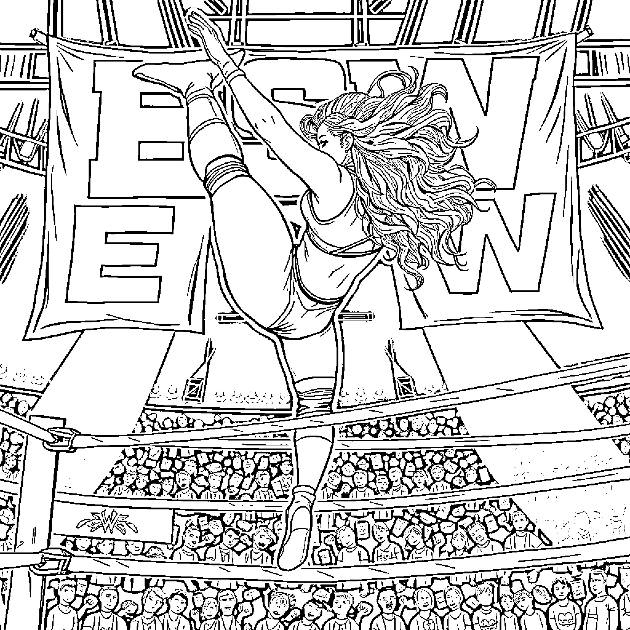 Wrestler performing dramatic move in the ring Coloring Page (free black-and-white line drawing printable PDF for all, from beginners to advanced learners, including children, teens, adults, and seniors)