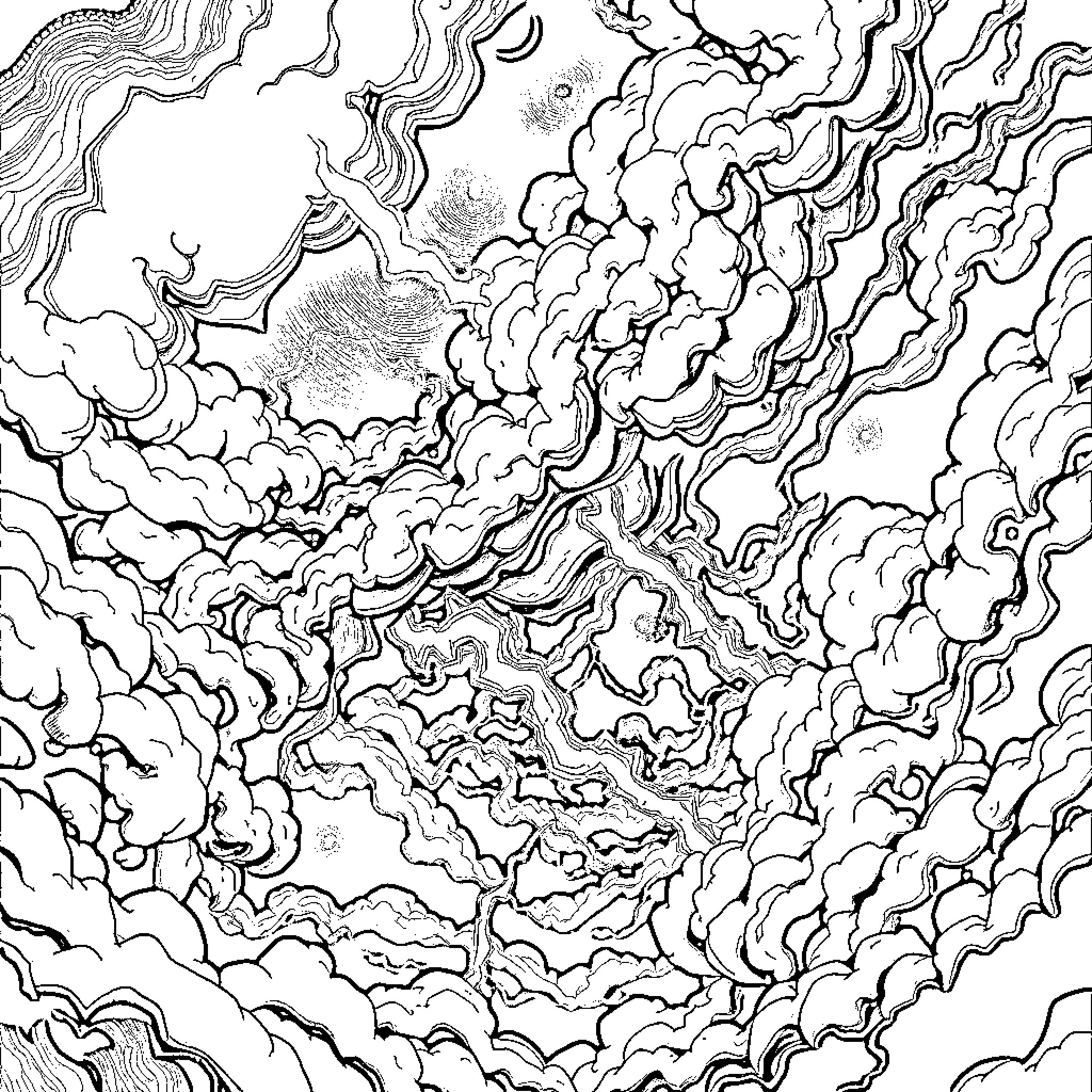 Demon's Swirling Ethereal Realm Coloring Page (free black-and-white line drawing printable PDF for all, from beginners to advanced learners, including children, teens, adults, and seniors)