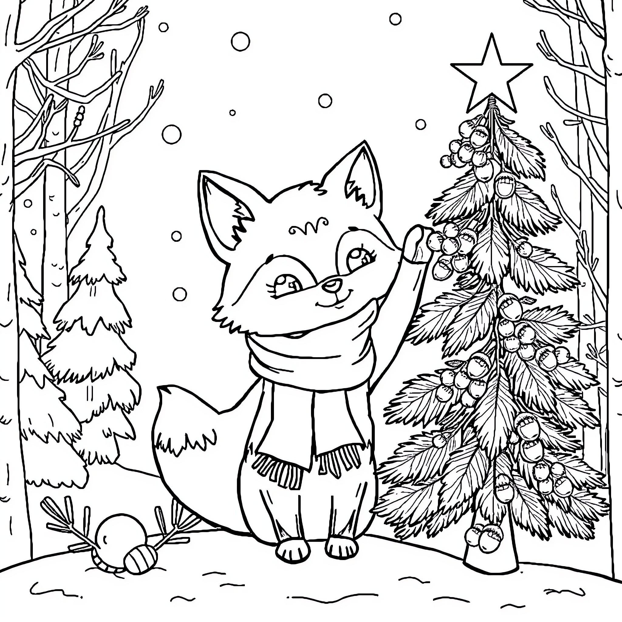 Fox enjoying the Christmas festivities in the snowy forest Coloring Page (free black-and-white line drawing printable PDF for all, from beginners to advanced learners, including children, teens, adults, and seniors)
