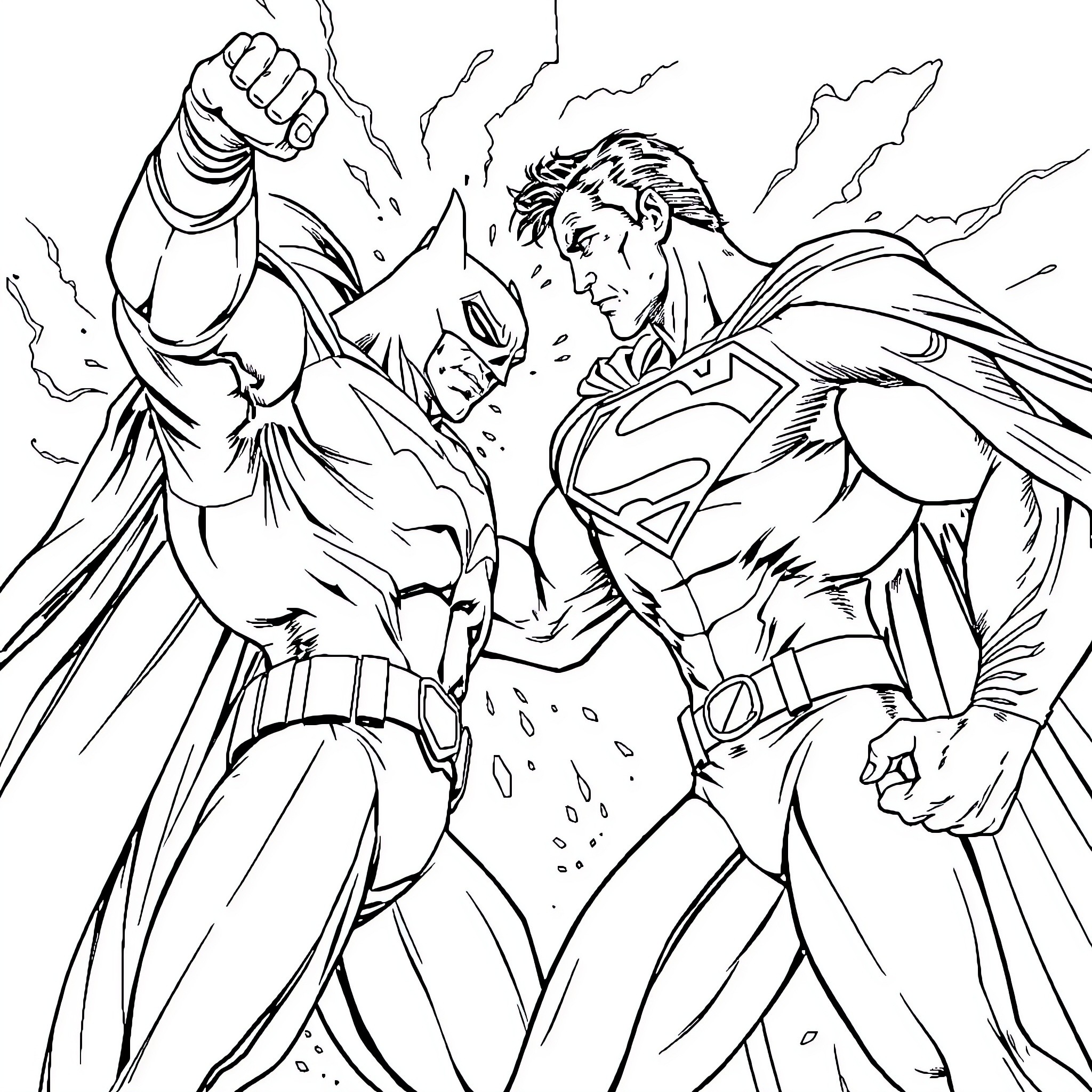 Superman and Batman in epic battle Coloring Page (free black-and-white line drawing printable PDF for all, from beginners to advanced learners, including children, teens, adults, and seniors)
