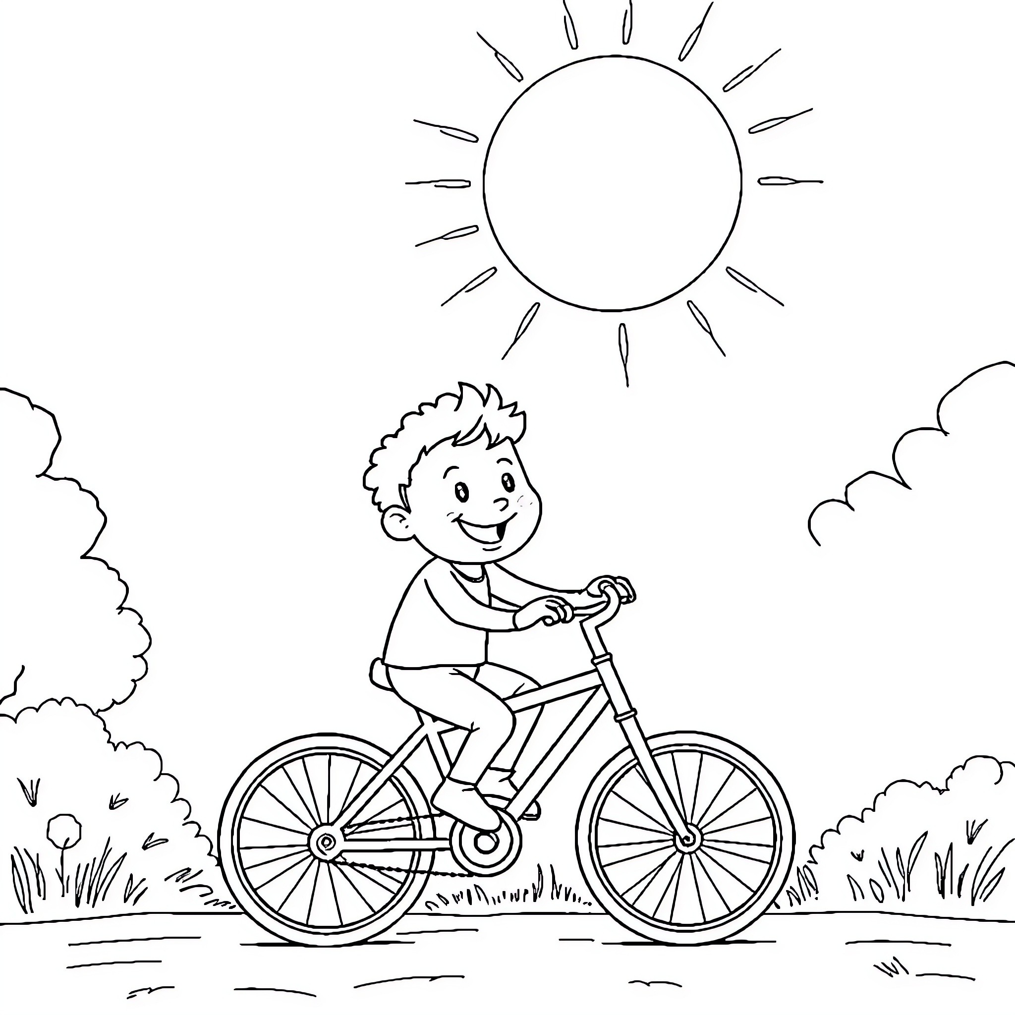 Diddl riding happily on a bicycle in the park Coloring Page (free black-and-white line drawing printable PDF for all, from beginners to advanced learners, including children, teens, adults, and seniors)