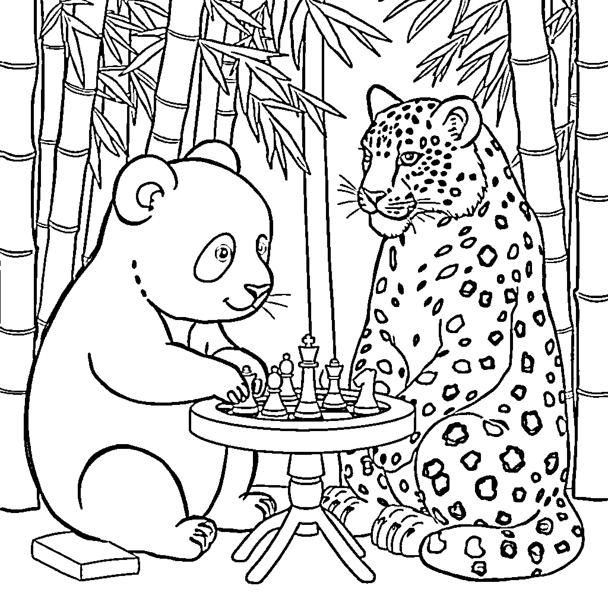 Panda playing chess with leopard in bamboo forest Coloring Page (free black-and-white line drawing printable PDF for all, from beginners to advanced learners, including children, teens, adults, and seniors)