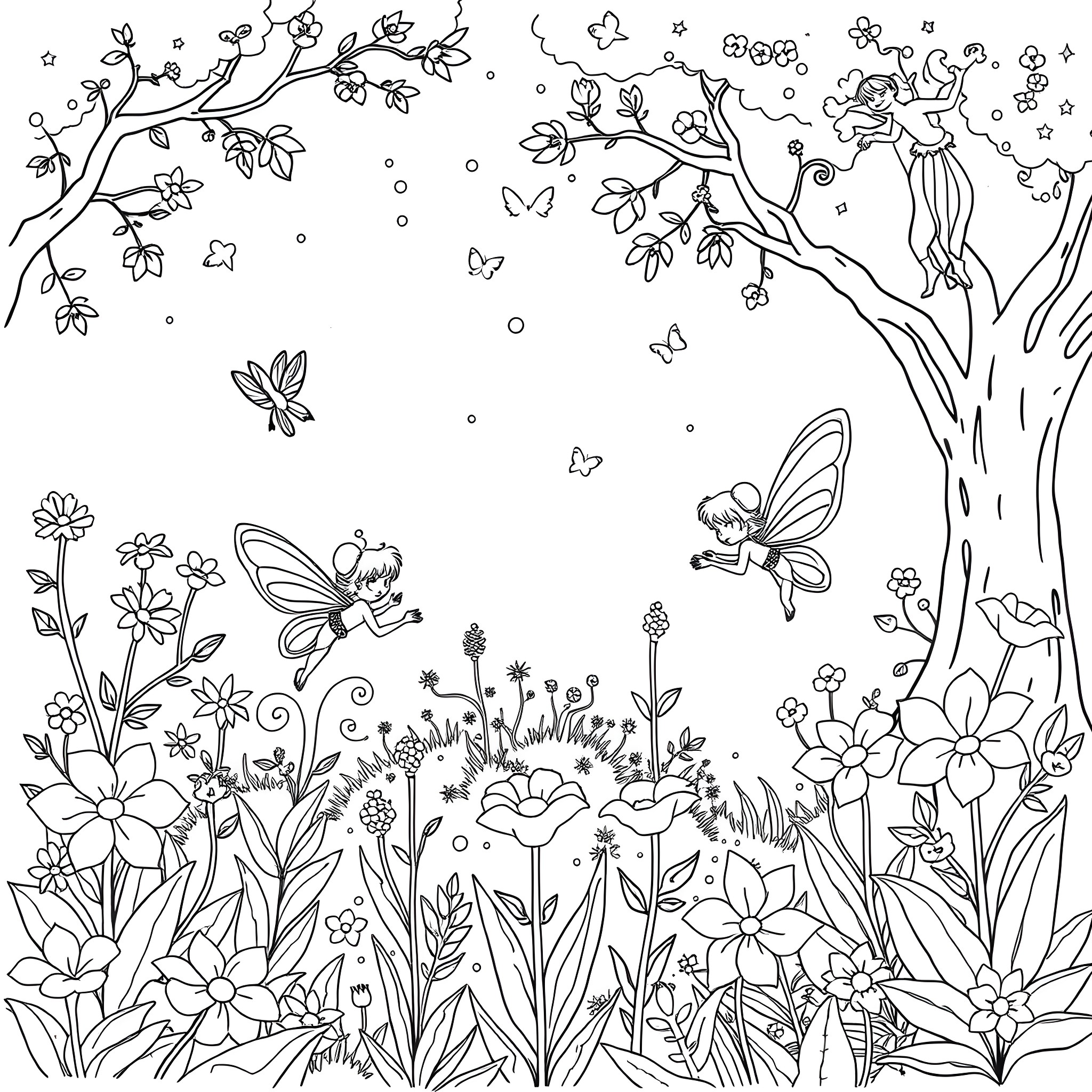 Fairy garden with blooming flowers and butterflies Coloring Page (free black-and-white line drawing printable PDF for all, from beginners to advanced learners, including children, teens, adults, and seniors)