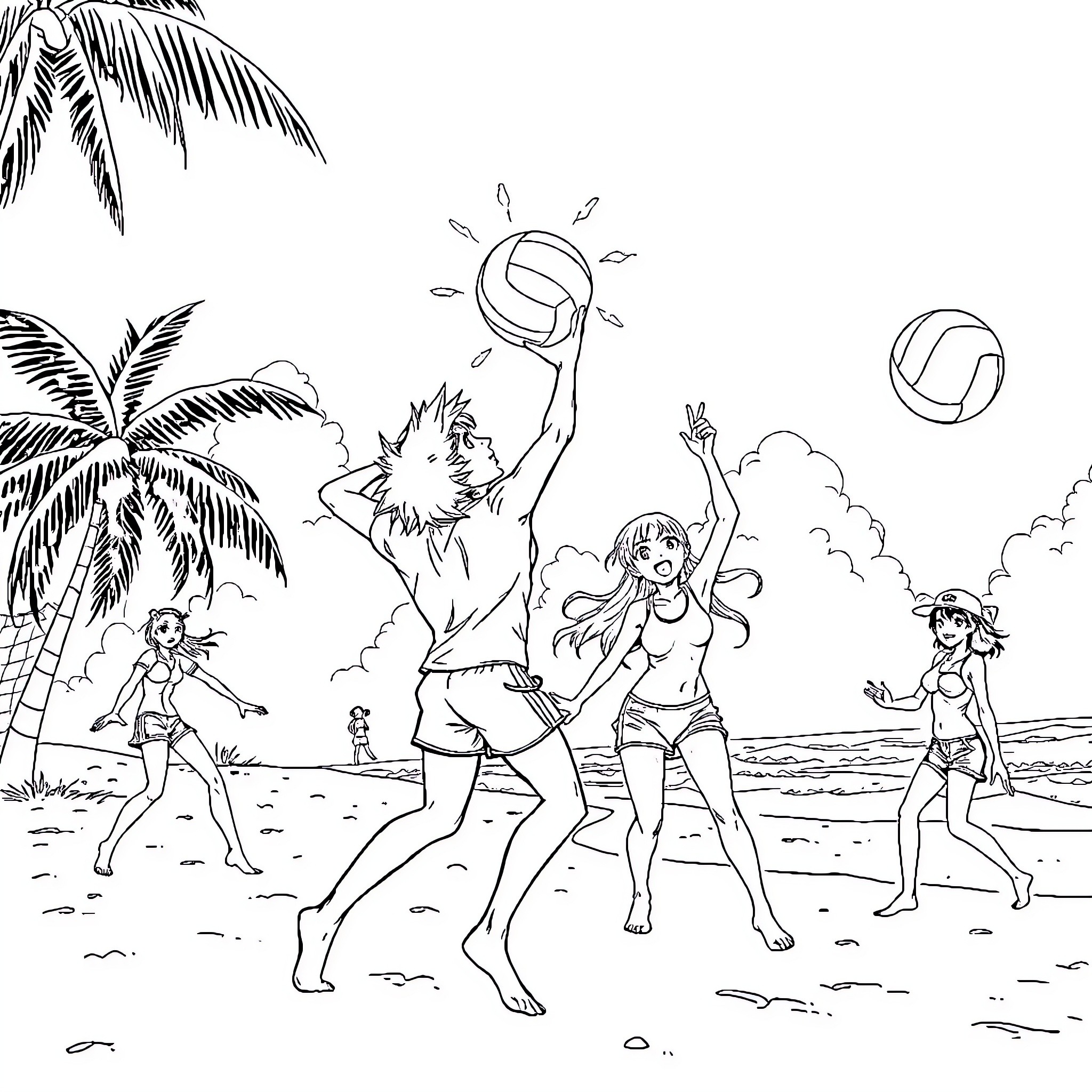 Anime Characters Enjoying a Beach Volleyball Game Coloring Page (free black-and-white line drawing printable PDF for all, from beginners to advanced learners, including children, teens, adults, and seniors)