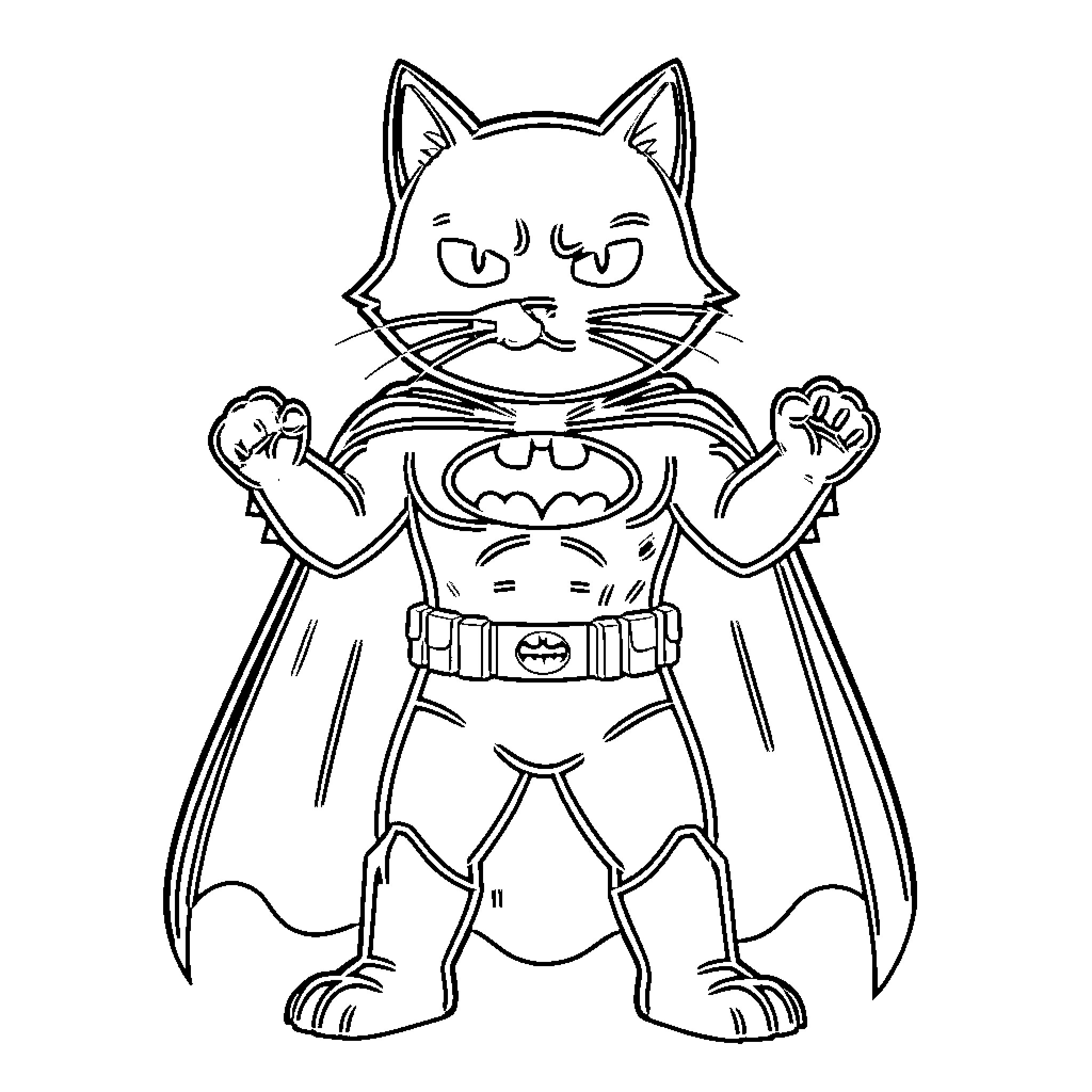 Cat superhero in costume with cape and symbol Coloring Page (free black-and-white line drawing printable PDF for all, from beginners to advanced learners, including children, teens, adults, and seniors)