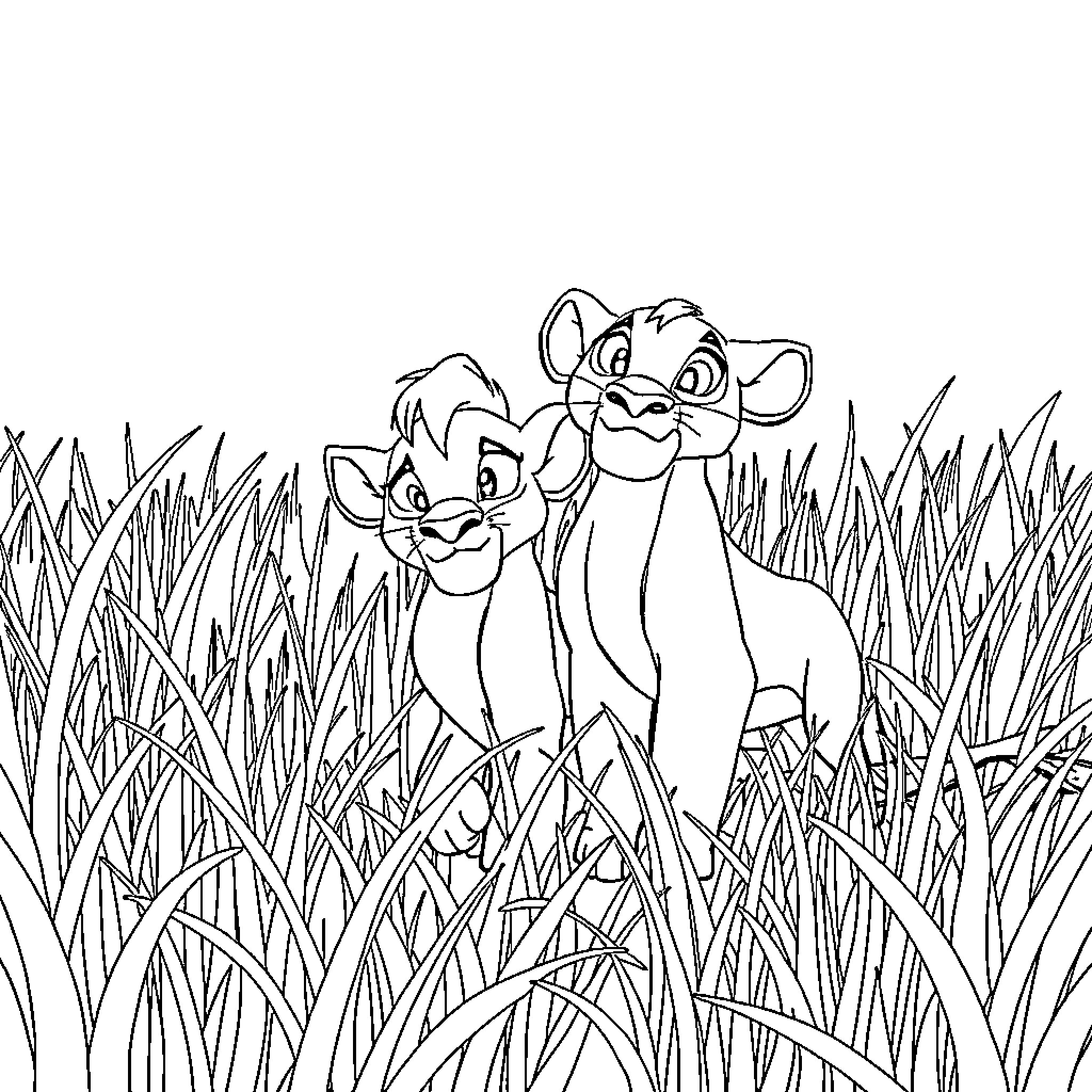 Kion and Simba bonding in tall grass Coloring Page (free black-and-white line drawing printable PDF for all, from beginners to advanced learners, including children, teens, adults, and seniors)