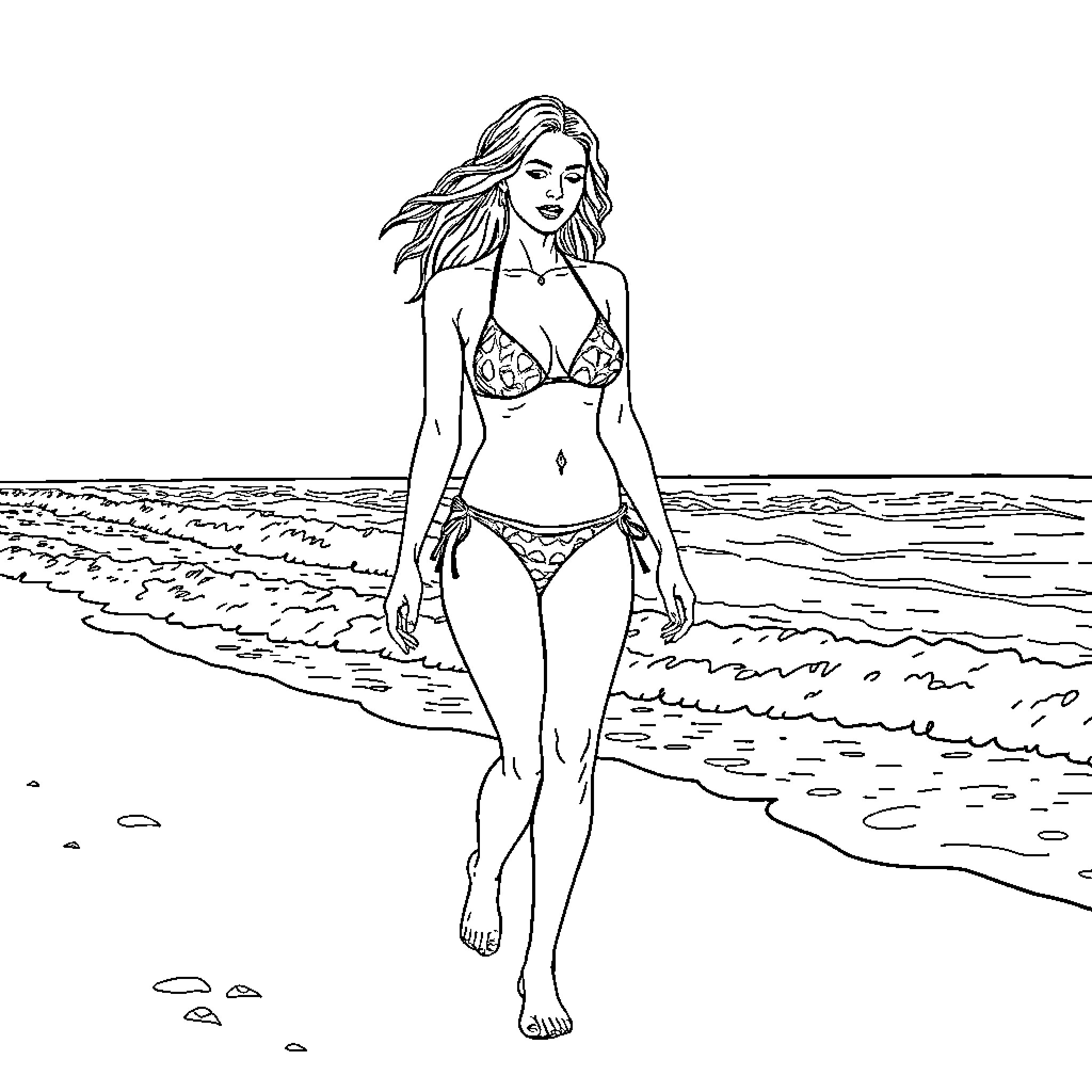 Woman in a swimsuit strolling on the beach Coloring Page (free black-and-white line drawing printable PDF for all, from beginners to advanced learners, including children, teens, adults, and seniors)