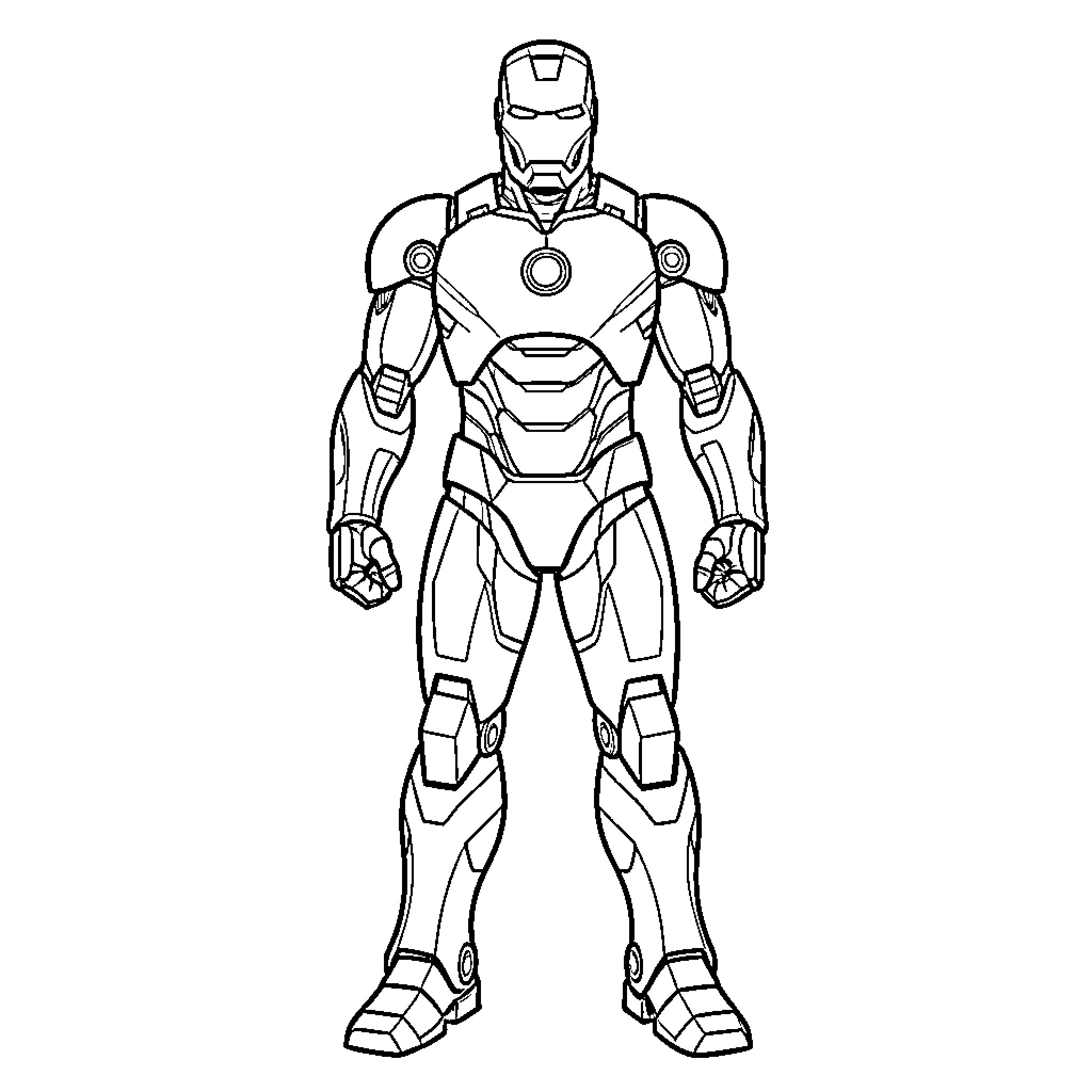 Ironman standing in a powerful heroic pose Coloring Page (free black-and-white line drawing printable PDF for all, from beginners to advanced learners, including children, teens, adults, and seniors)