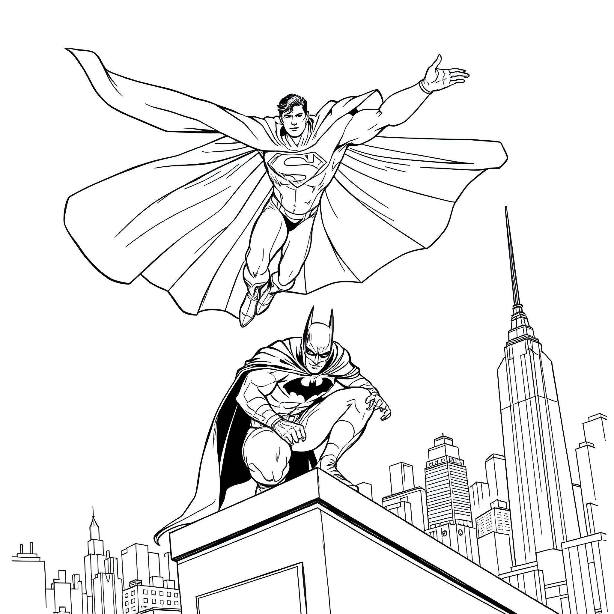 Superman Batman heroically soaring over the city Coloring Page (free black-and-white line drawing printable PDF for all, from beginners to advanced learners, including children, teens, adults, and seniors)
