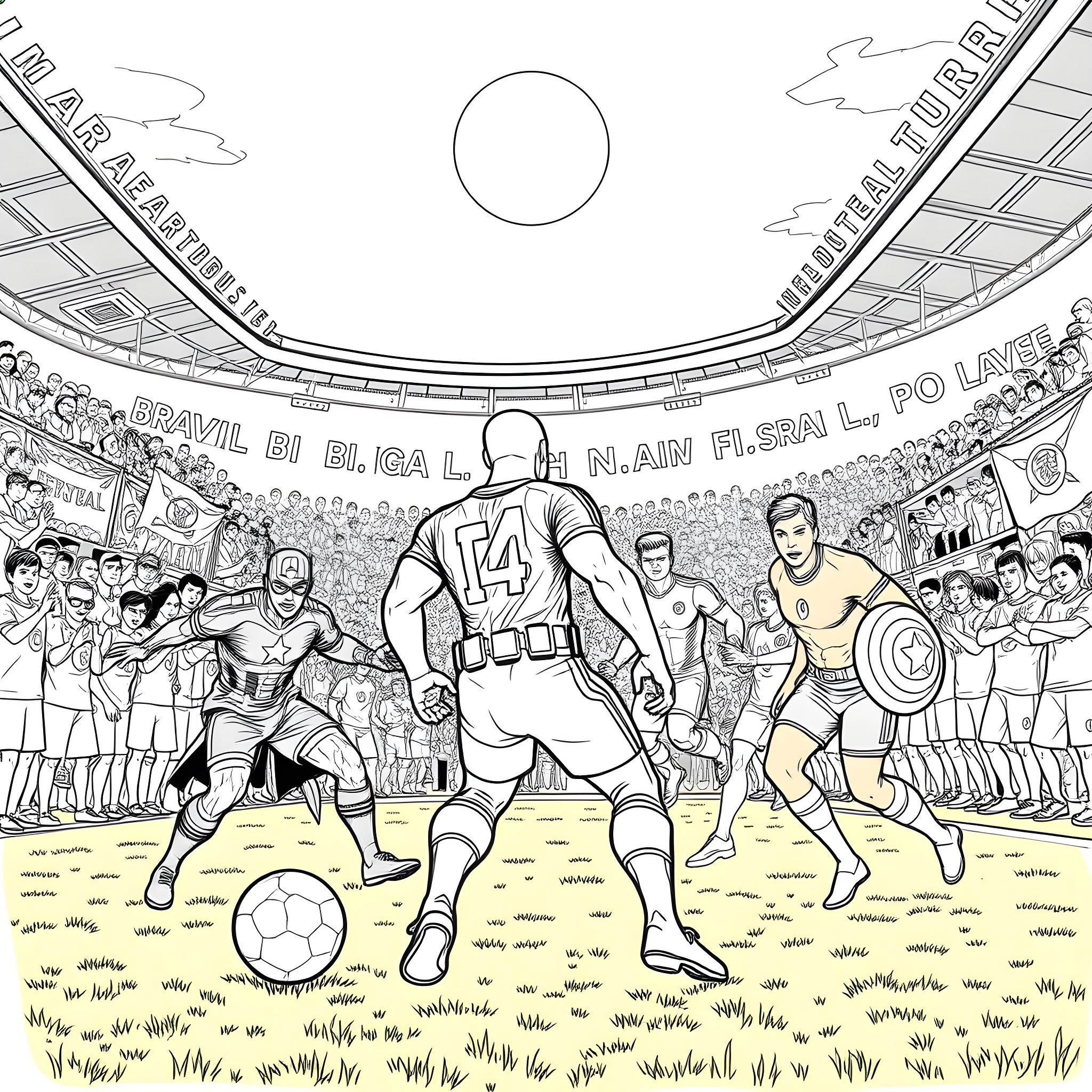 Avengers Assemble for an Epic Sporting Clash Coloring Page (free black-and-white line drawing printable PDF for all, from beginners to advanced learners, including children, teens, adults, and seniors)