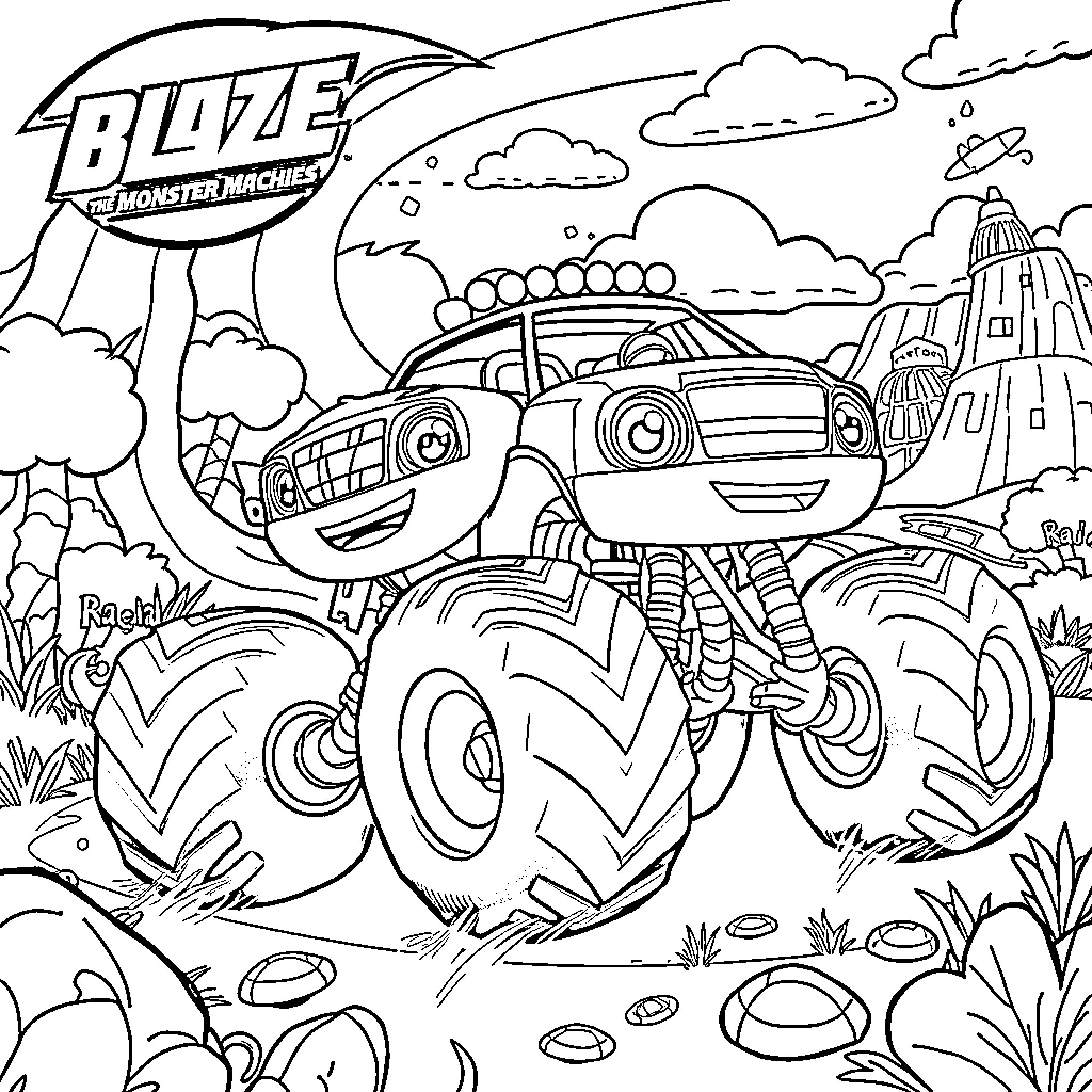Blaze Exploring the Rugged Landscape Coloring Page (free black-and-white line drawing printable PDF for all, from beginners to advanced learners, including children, teens, adults, and seniors)